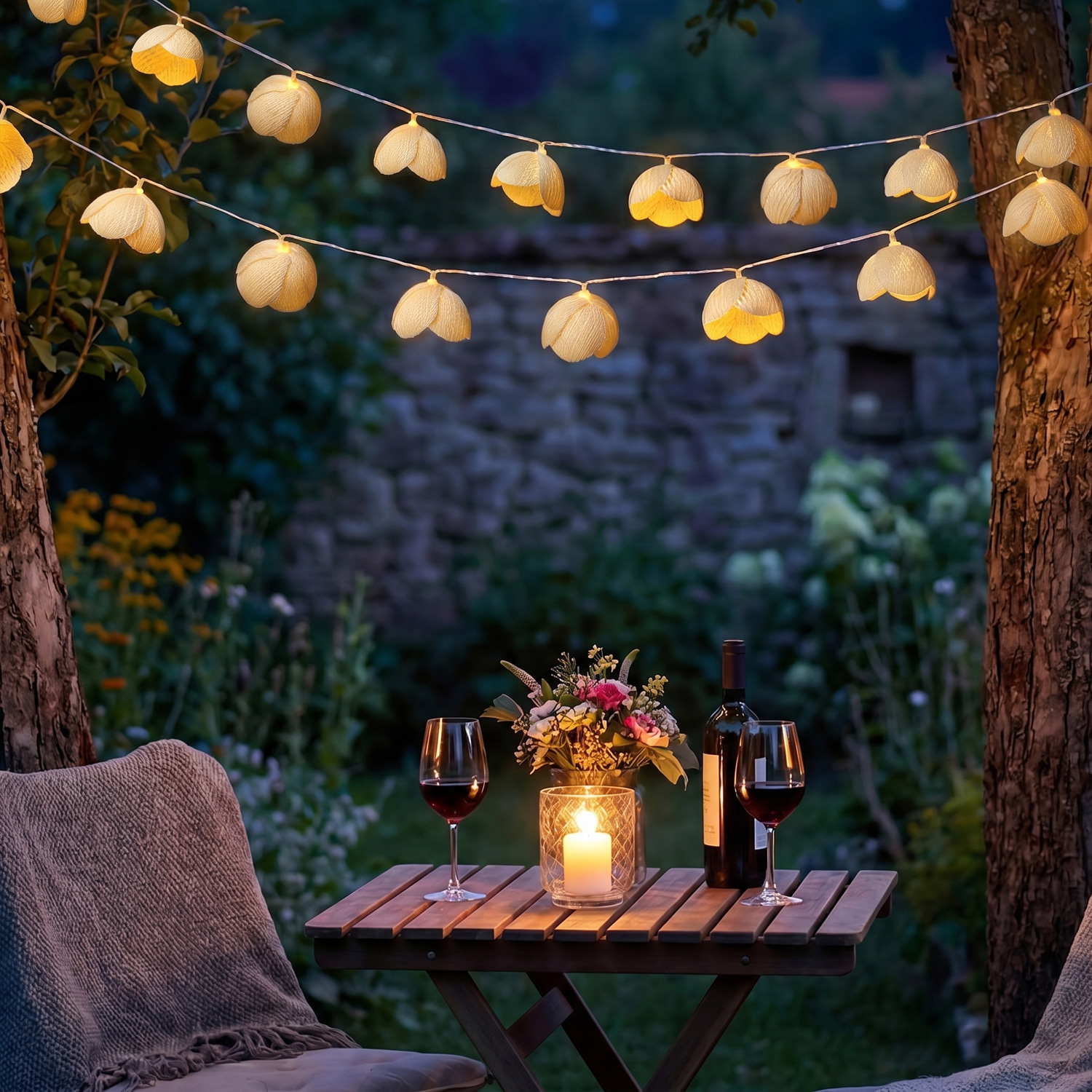 LED Lichterkette Blumen - 15 weiße Blüten - Batterie/Timer - L: 1,4m - Innen/Außen