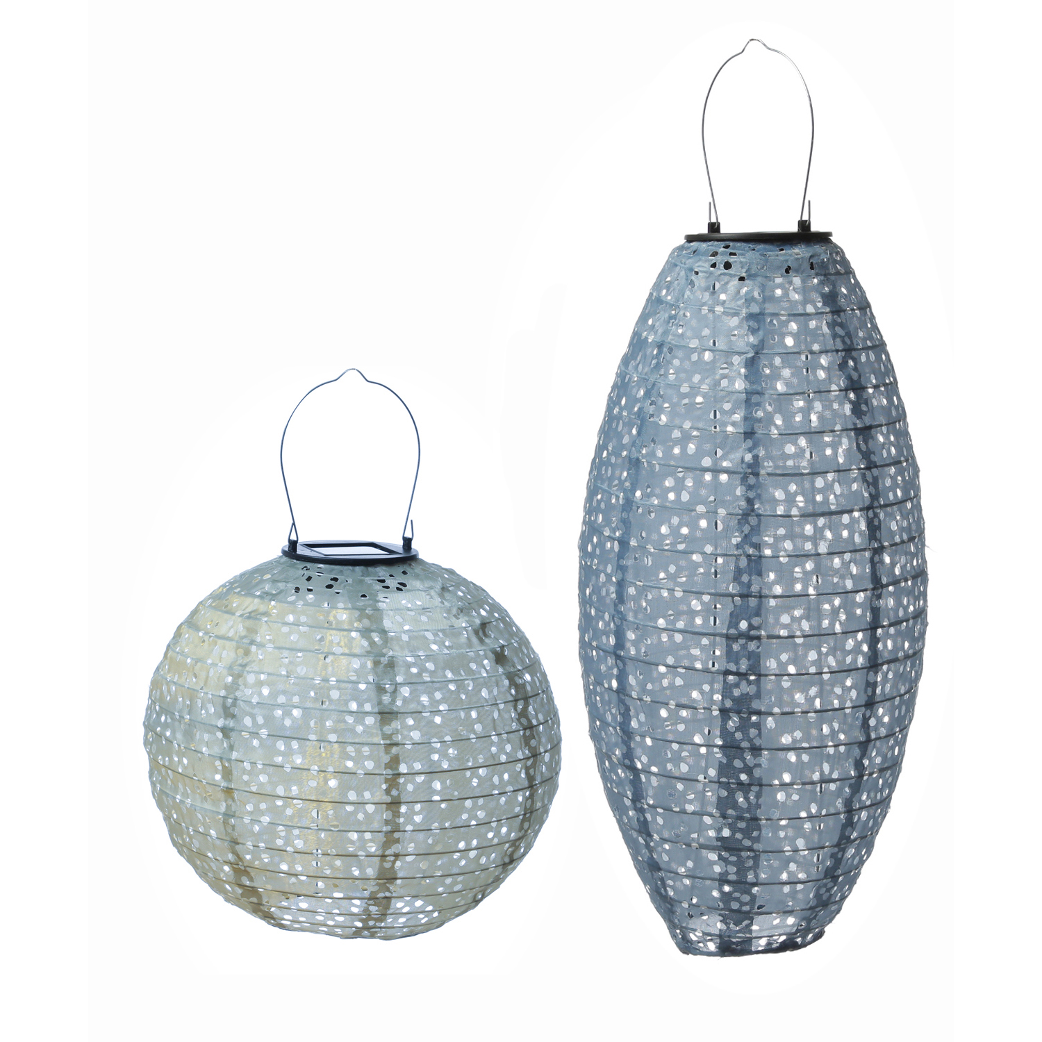 LED Solar Lampions - mit Blumenmuster - warmweiß - H: 25cm/40cm - Lichtsensor - blau - 2 Stück