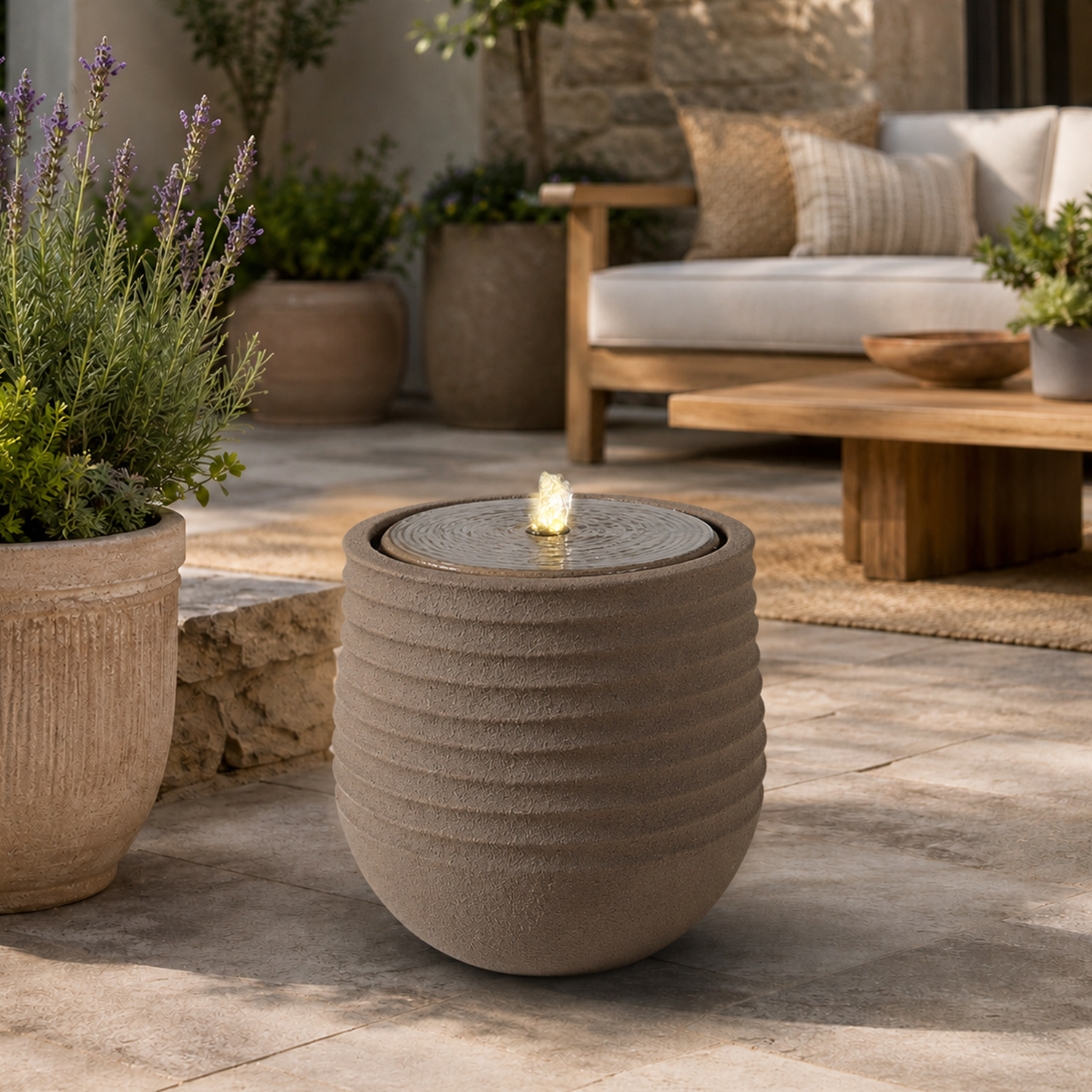 LED Gartenbrunnen CORDOBA - D: 40cm - Steinoptik  - mit Kreislaufpumpe - outdoor