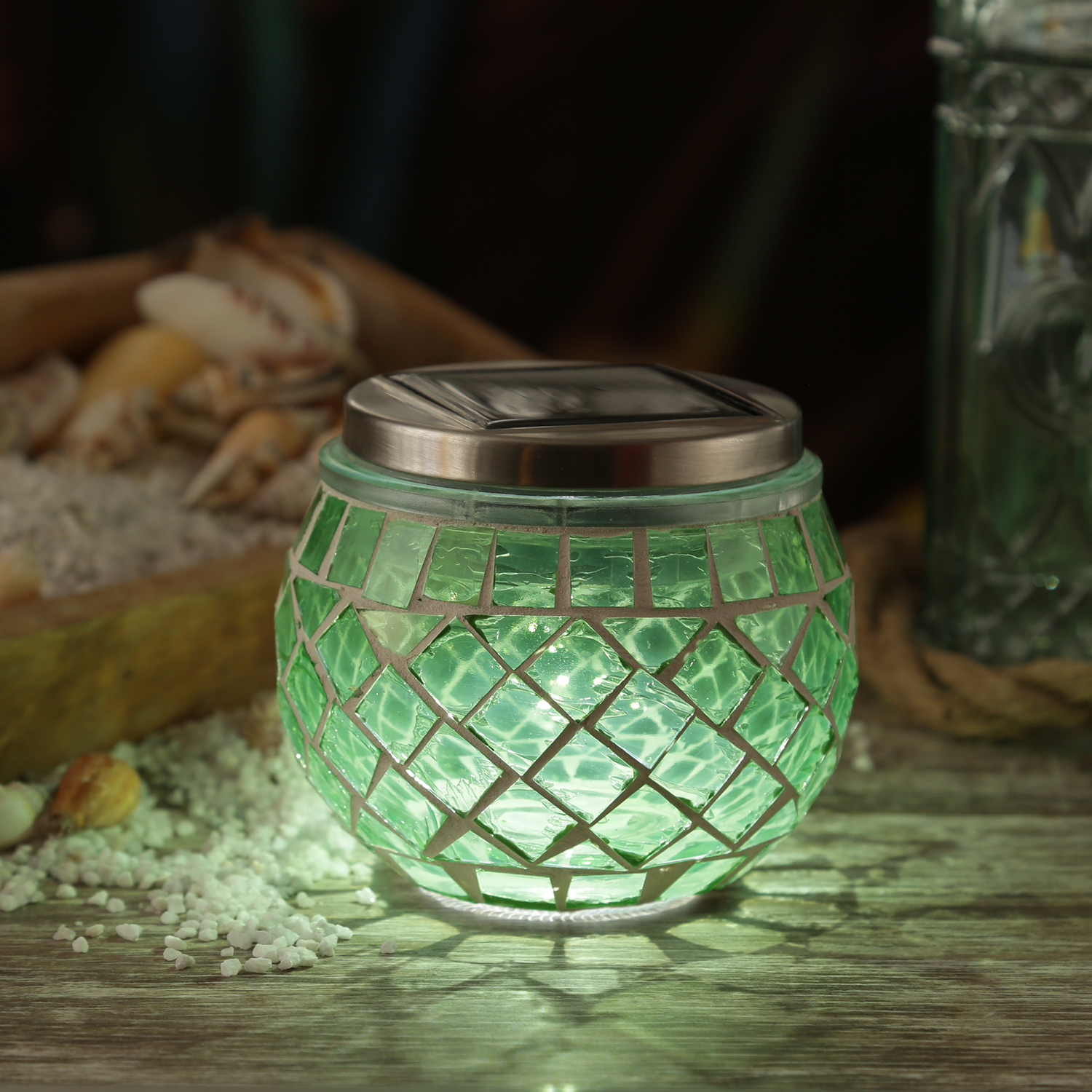 LED Solar Windlicht - Mosaik Solarglas - kaltweiße LED - Lichtsensor - H: 9cm - für Außen - grün