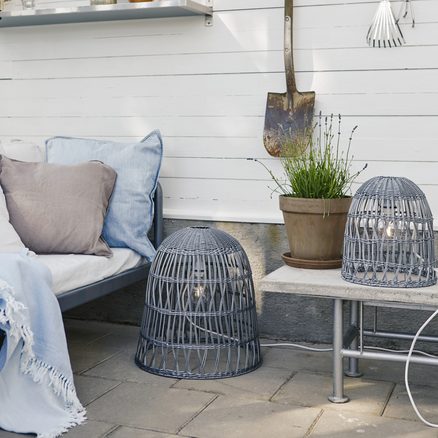 Lampenschirm Rattan wetterfest für E27 Fassungen grau H: 33cm Garten Terasse
