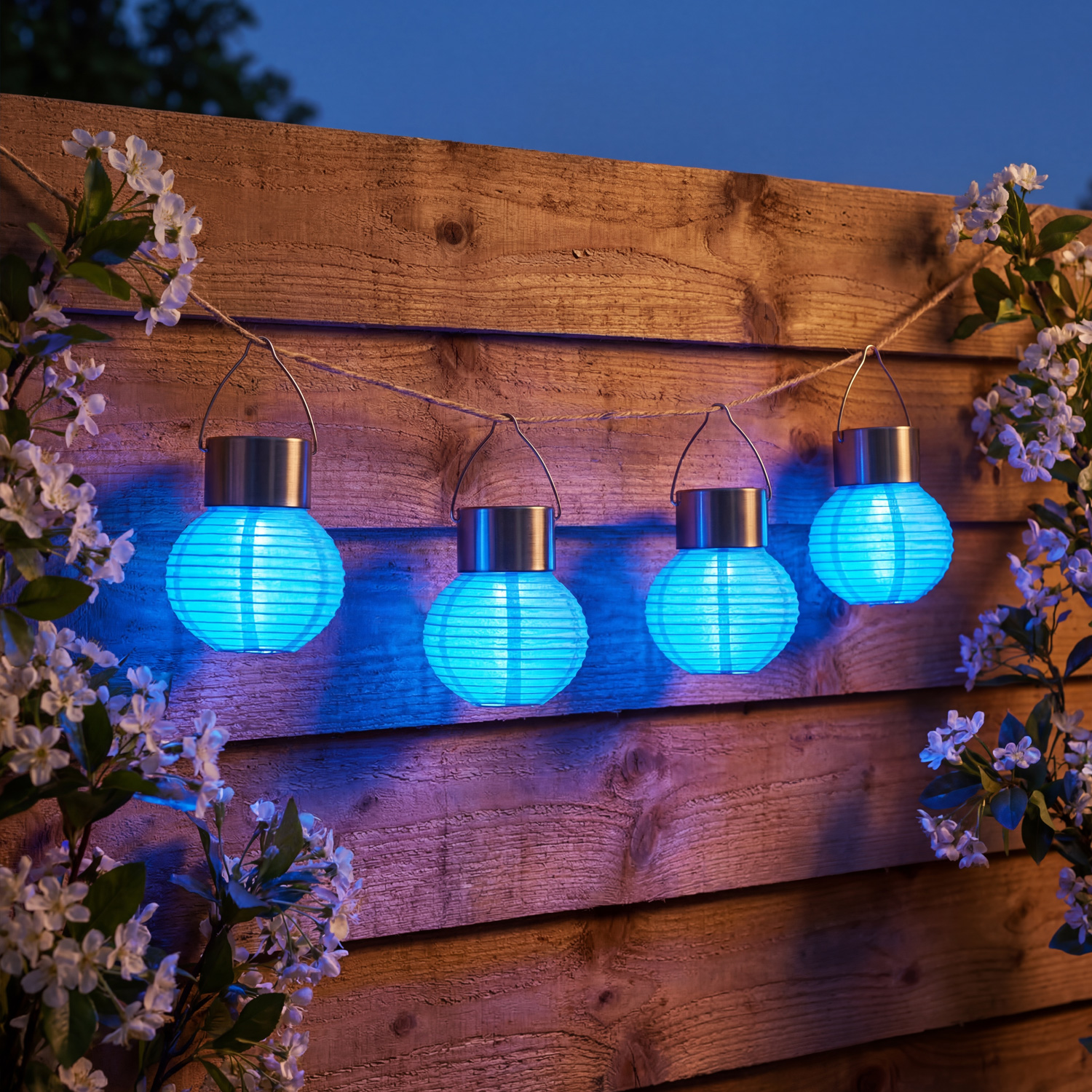 LED Solar Mini Lampions - kaltweiße LED - H: 9,5cm - D: 7cm - Lichtsensor - blau - 4er Set