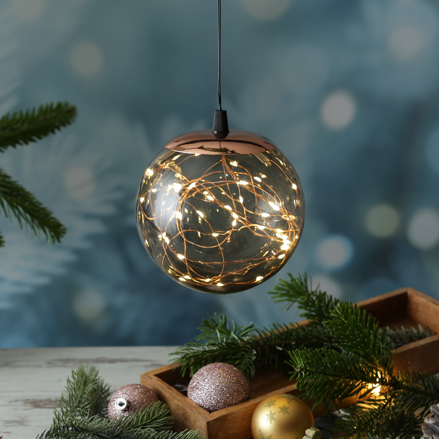 LED Lichterkugel mit Drahtlichterkette - 40 bernstein LED - Timer - D: 15cm - f. Innen/Außen