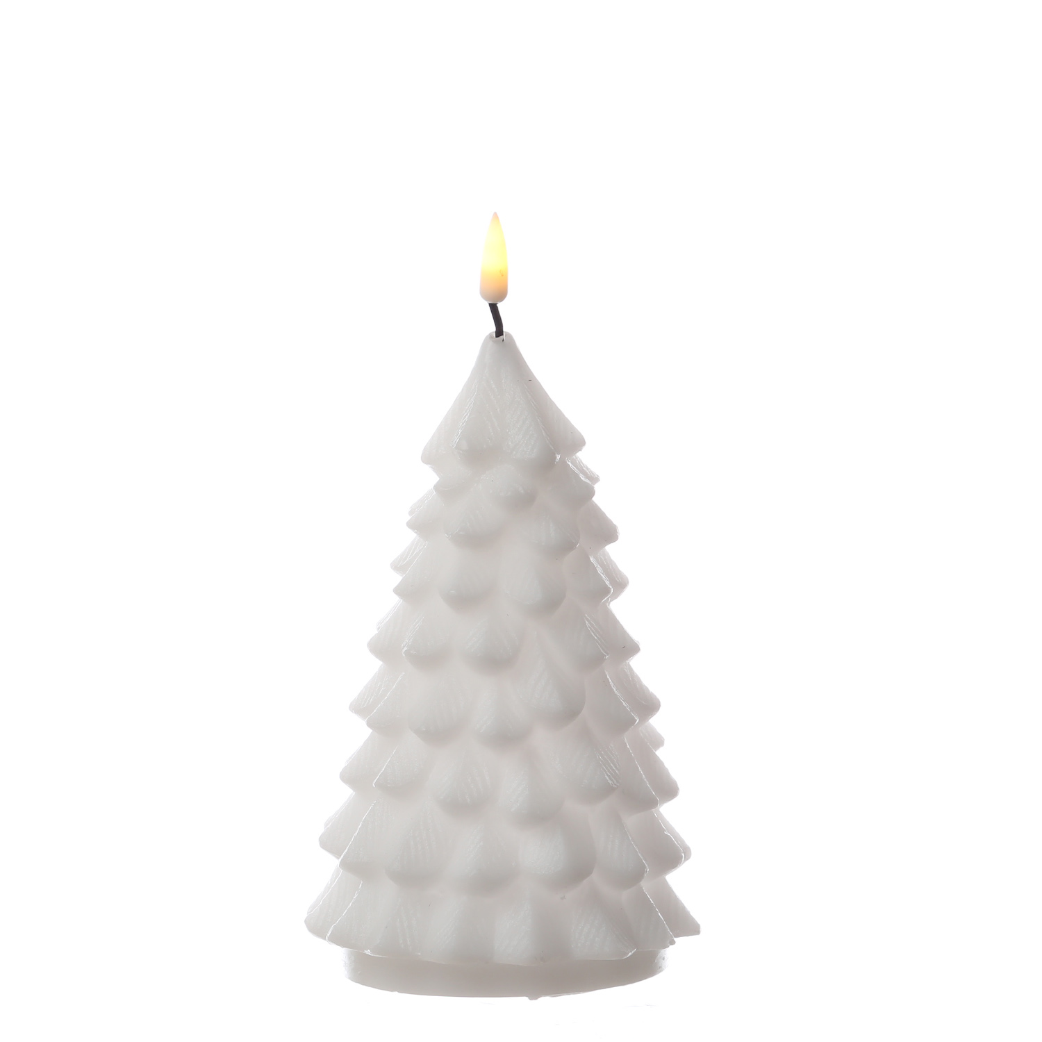 LED Kerze Tannenbaum - Echtwachs - flackernde 3D Flamme - H: 16cm - D: 9cm - weiß