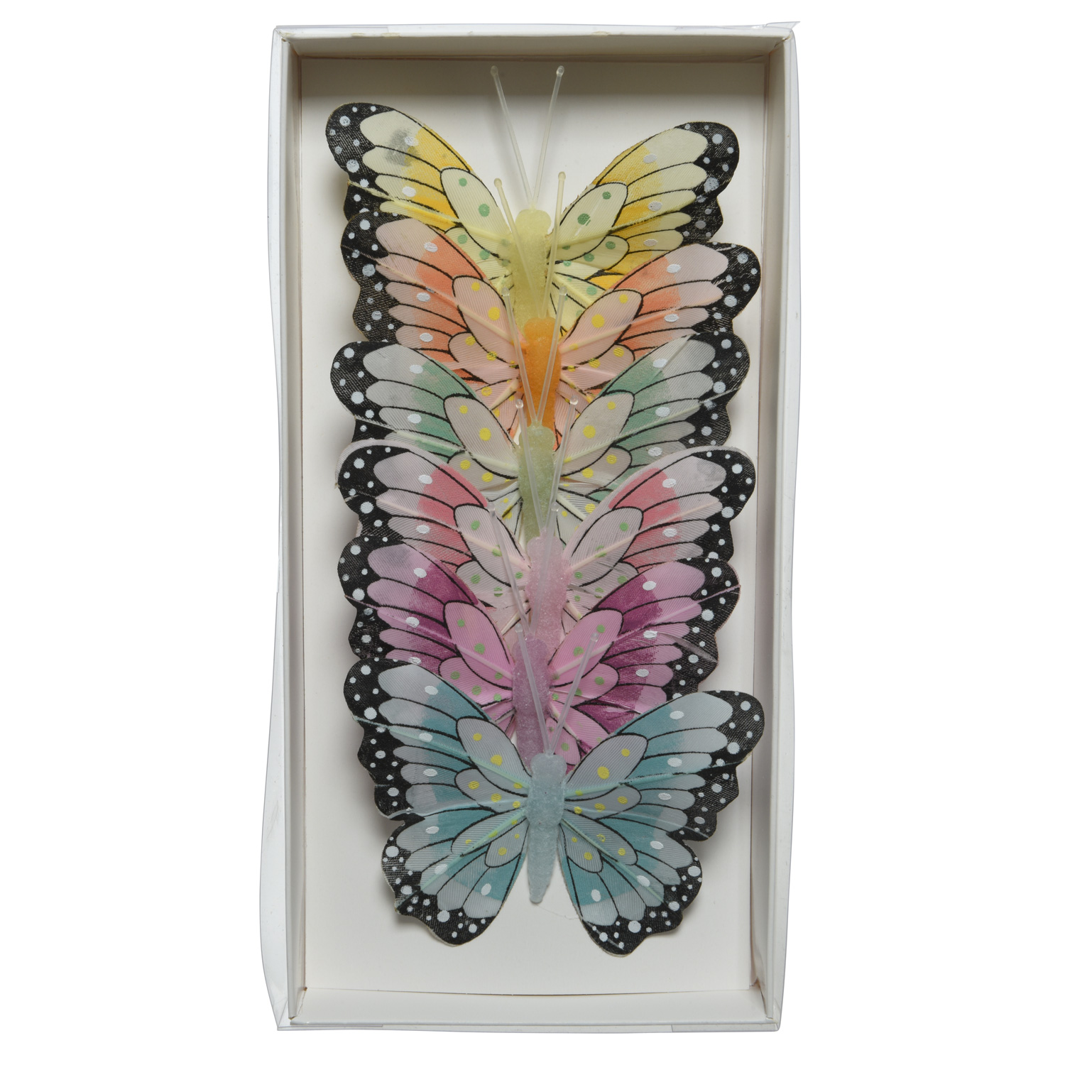Deko Schmetterling - Federn und Draht - H: 6,5cm - gelb, orange, grün, pink, lila, blau - 6er Set