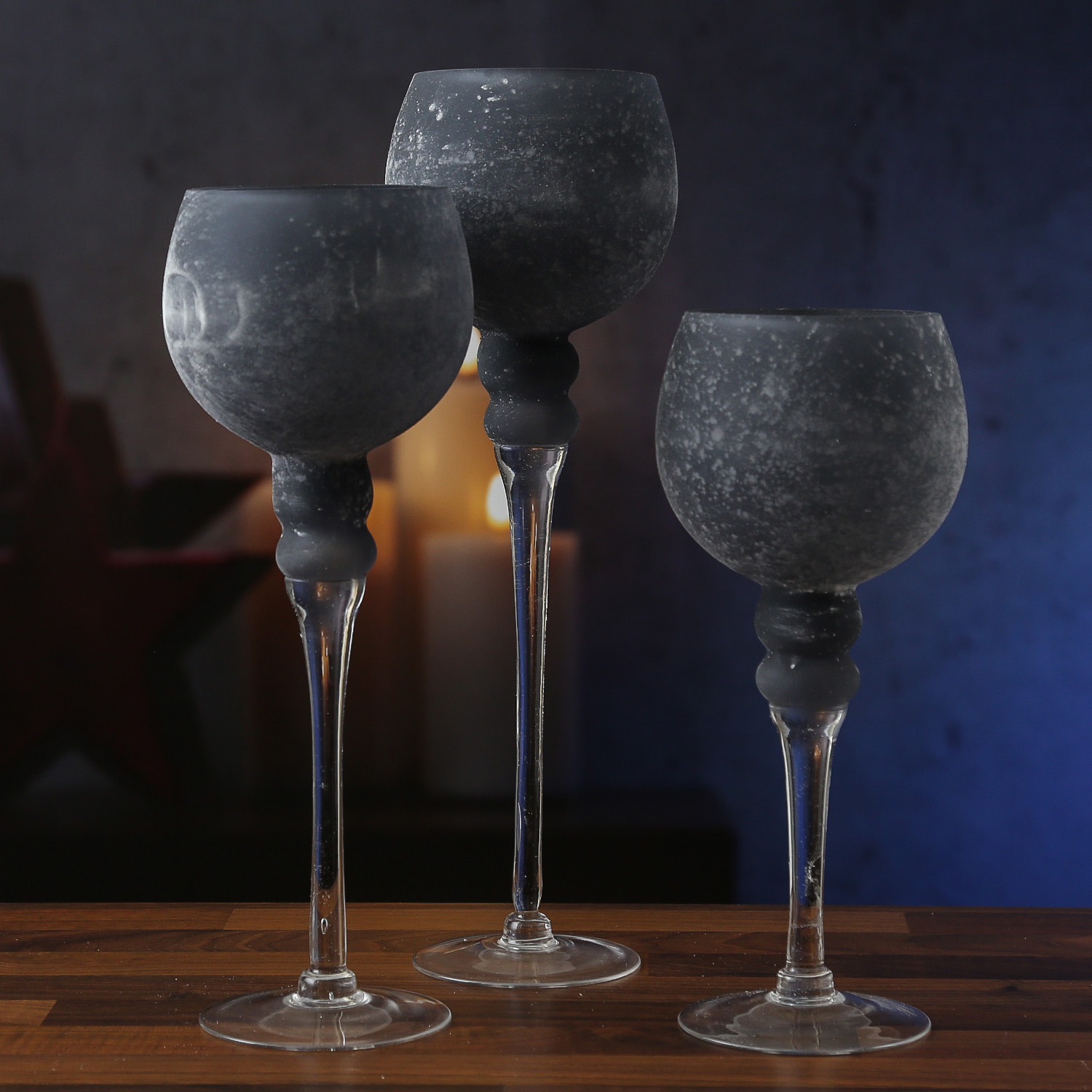Kerzenhalter Kelch FROST - Windlicht - Glas - 3 Höhen - gefrostet und  grau satiniert - 3er Set