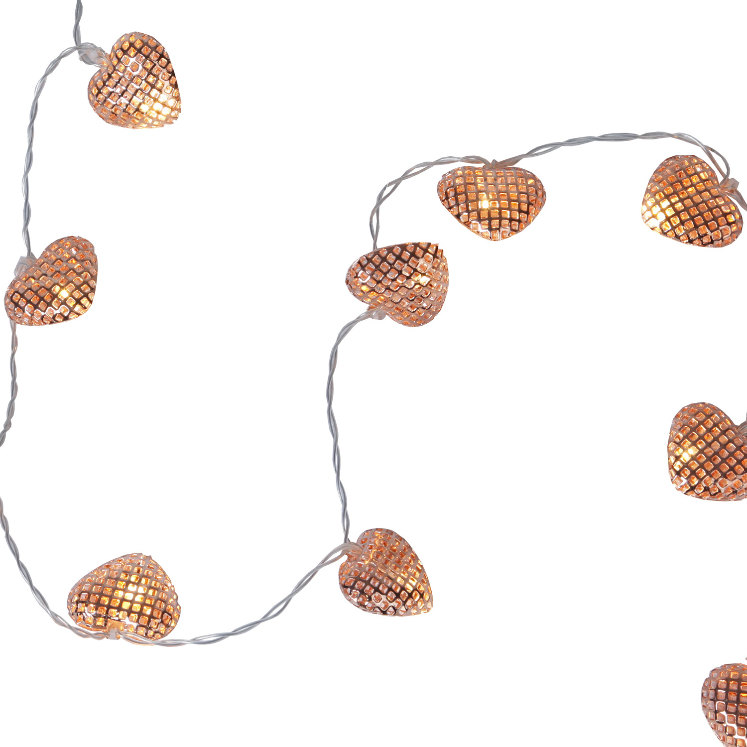 LED-Lichterkette mit Herzen - 10 warmweiße LED - Batteriebetrieb - Timer - 0,90m - kupferfarben