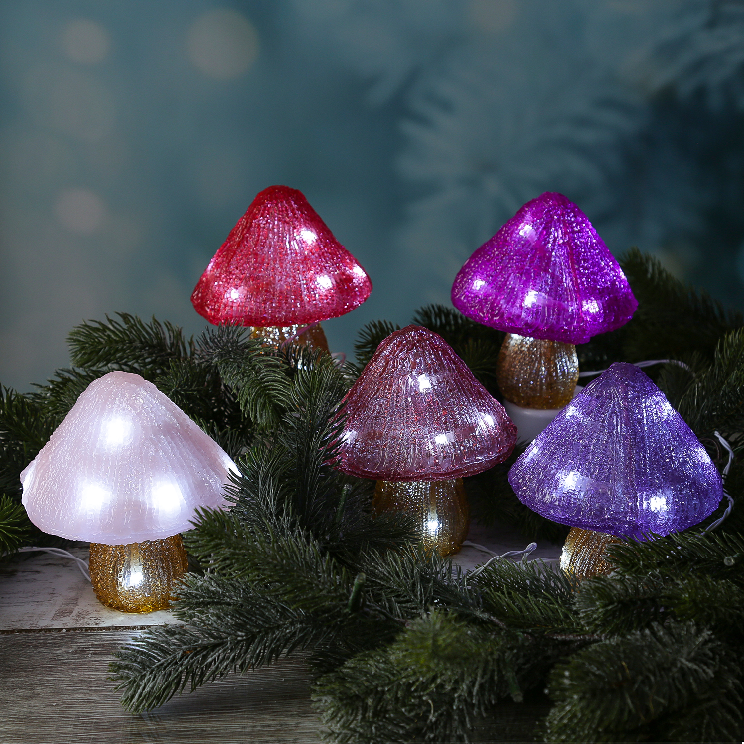 LED Pilze - Acrylfigur - 50 kaltweiße LED - H: 15cm - Timer - Batteriebetrieb - für Außen