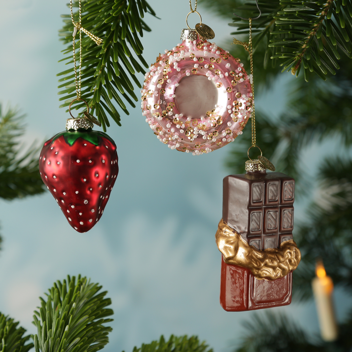 Weihnachtsbaumschmuck Donut/Erdbeere/Schokolade - Glas - Christbaumschmuck - 3er Set