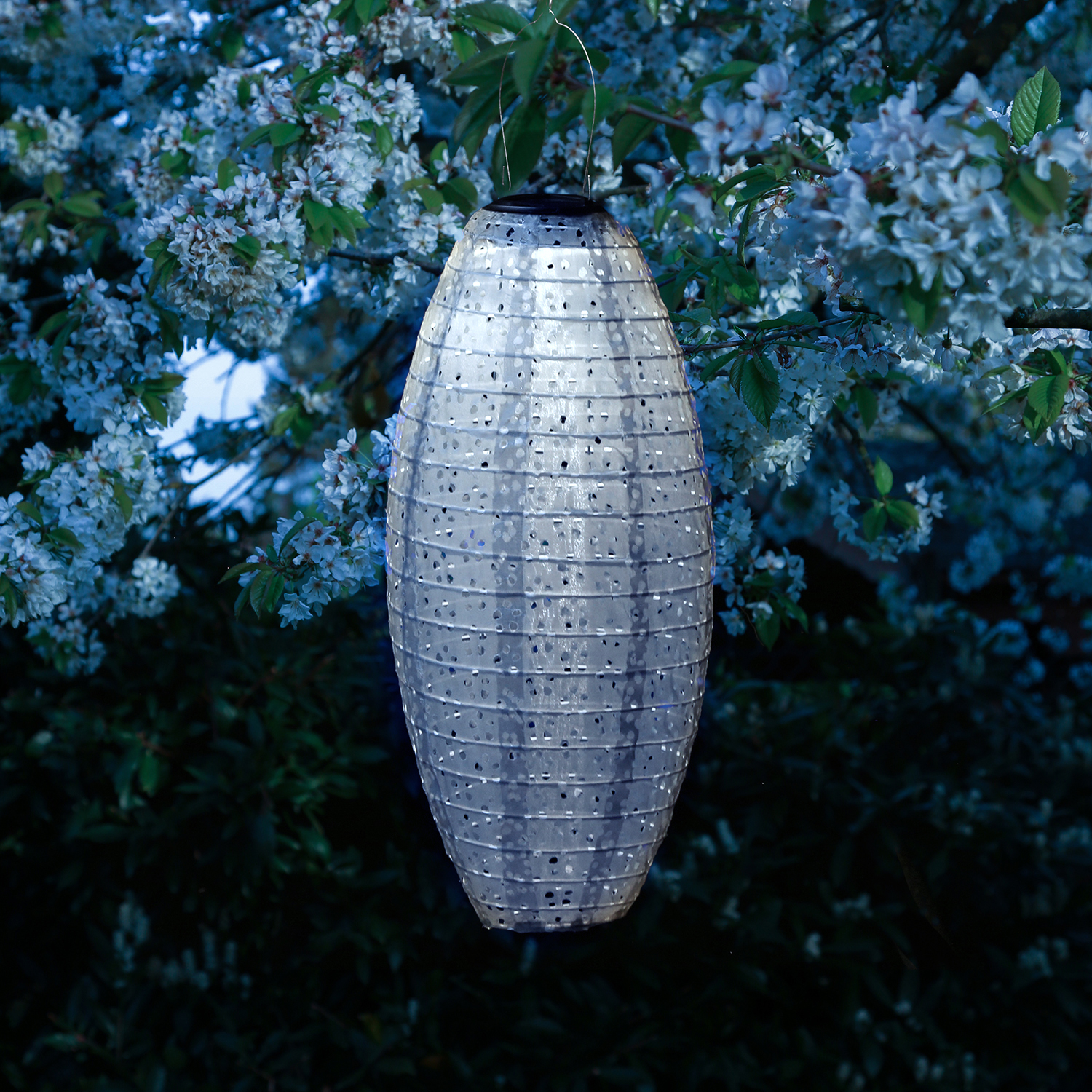 LED Solar Lampions - mit Blumenmuster - warmweiß - H: 25cm/40cm - Lichtsensor - blau - 2 Stück