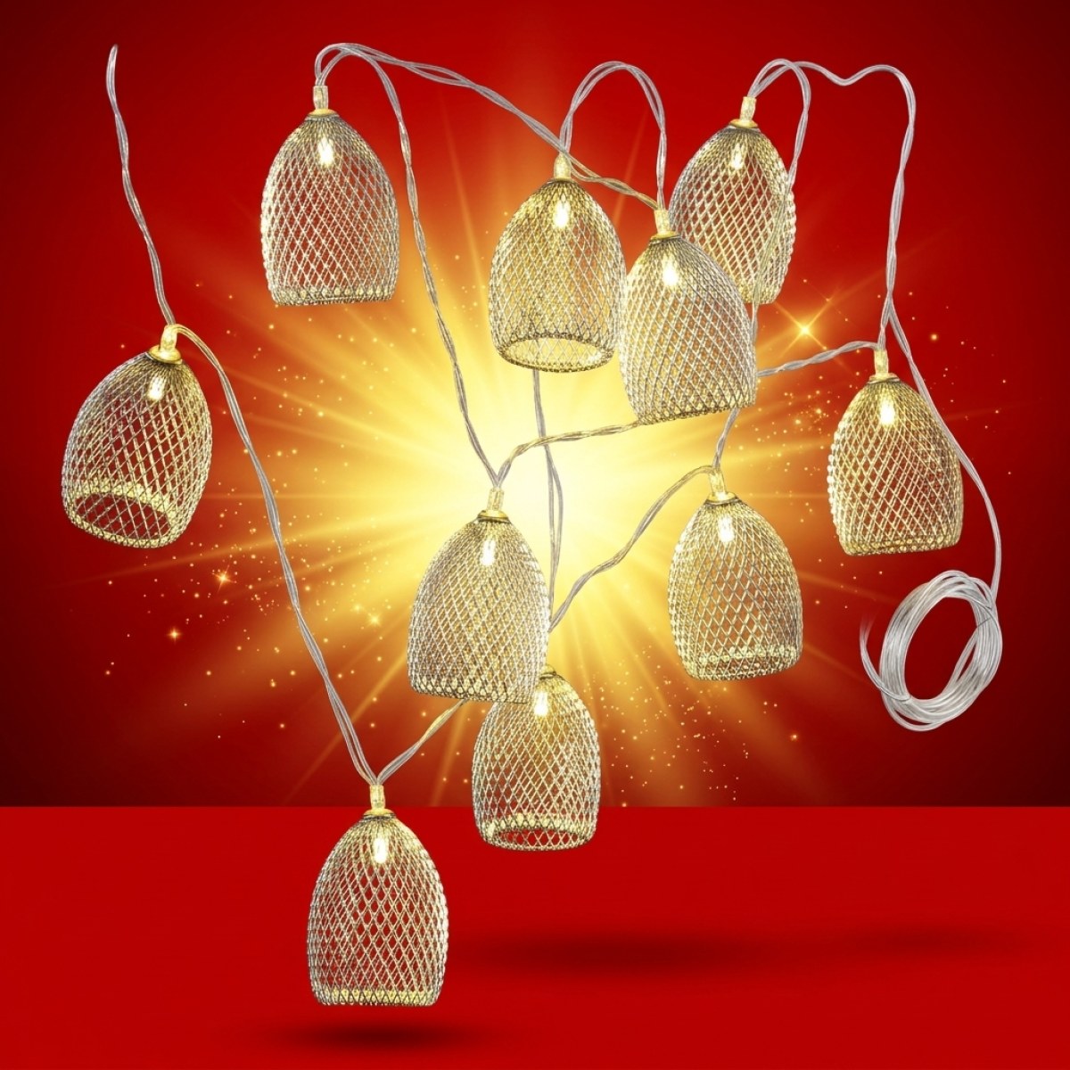 LED Lichterkette GLAMOUR - 10 silberne Lampenschirmchen - L: 1,8m - Batteriebetrieb