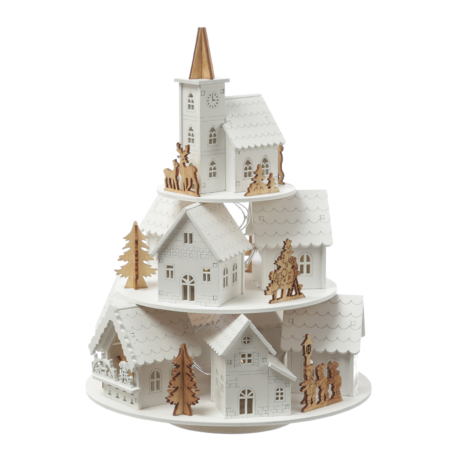 LED Weihnachtsdorf mit Musik - beleuchtete Winterlandschaft - Spieluhr - H: 29cm - Timer - weiß