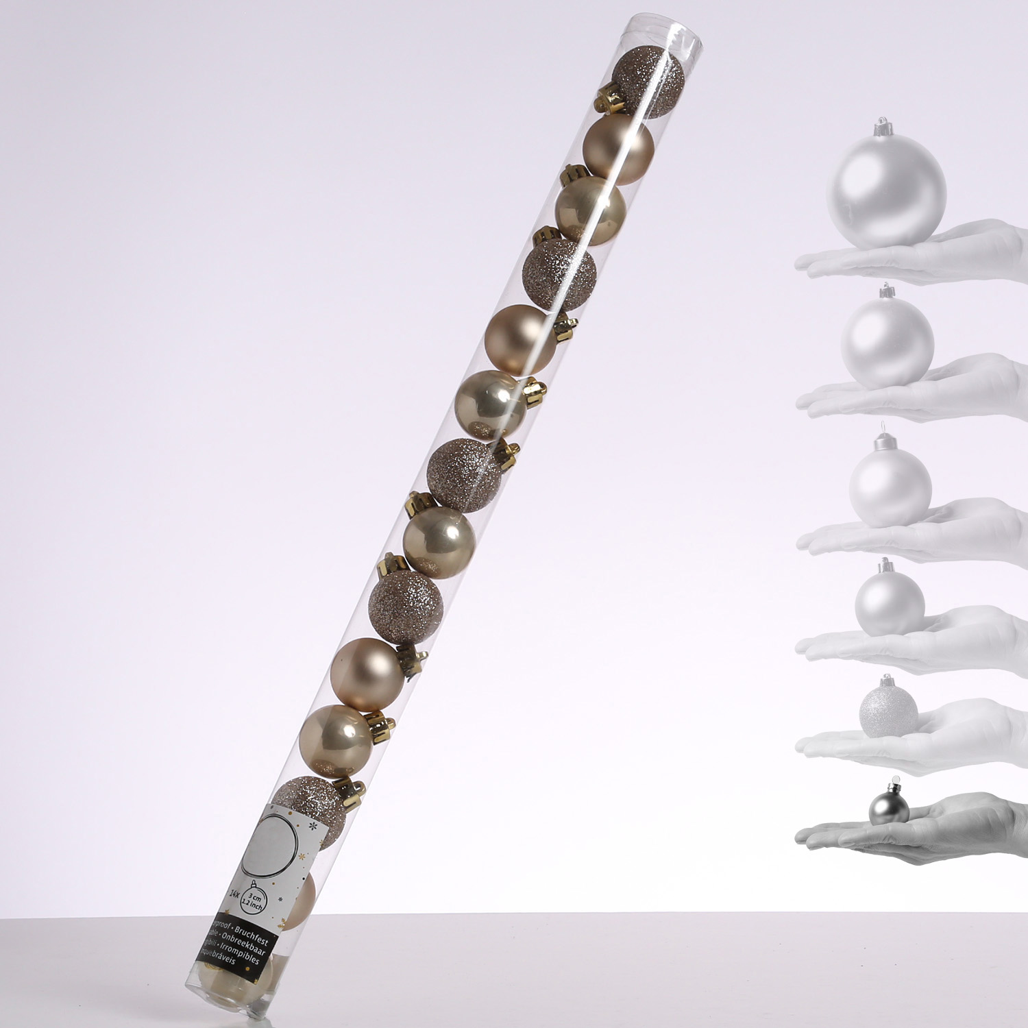 Christbaumkugel - Weihnachtskugel - bruchfest - D: 3cm - glänzend matt glitzernd - creme - 14er Set