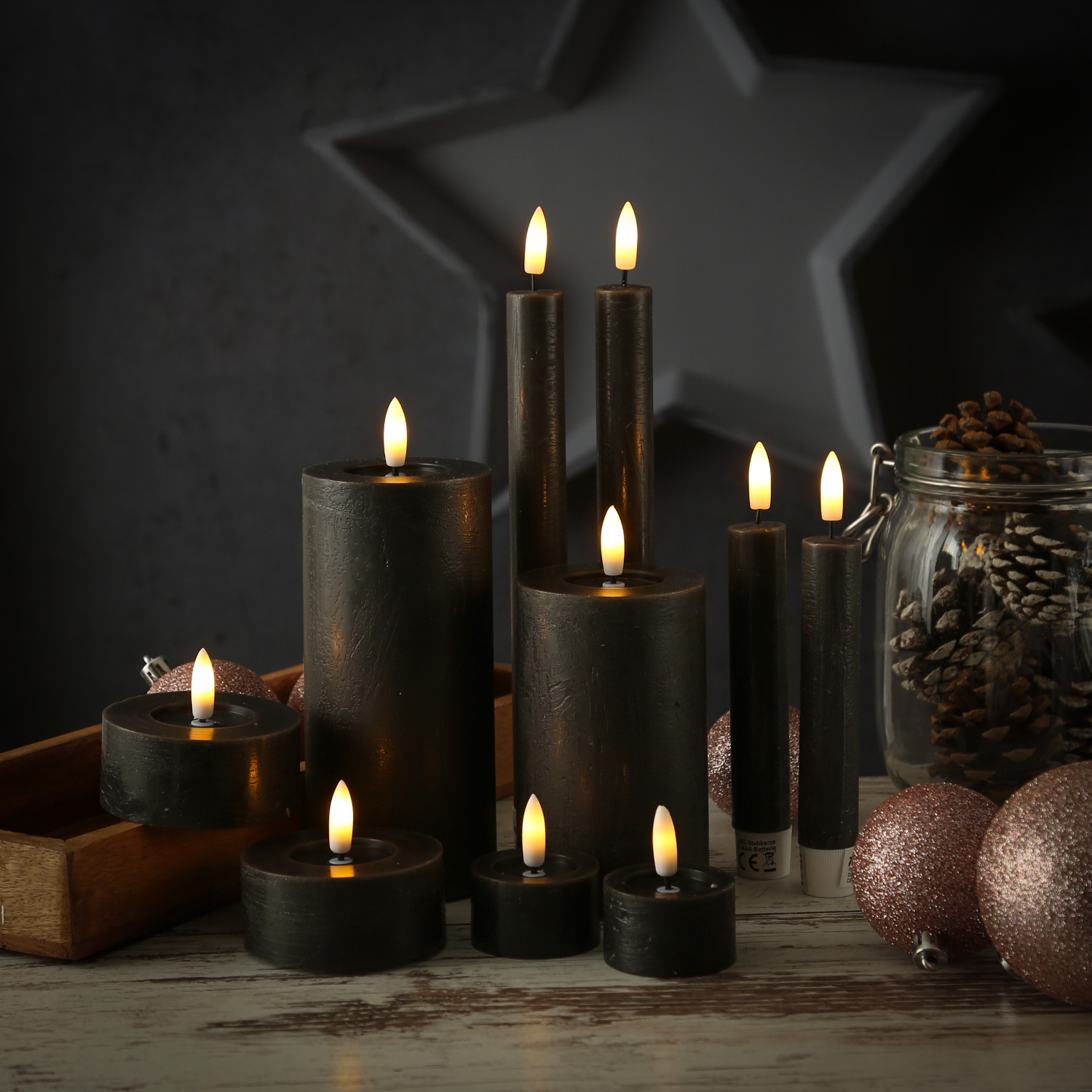 LED Maxi Teelichter LINA - Rustik-Optik - Echtwachs - Timer - D: 7cm - H: 6cm - schwarz - 2 Stück
