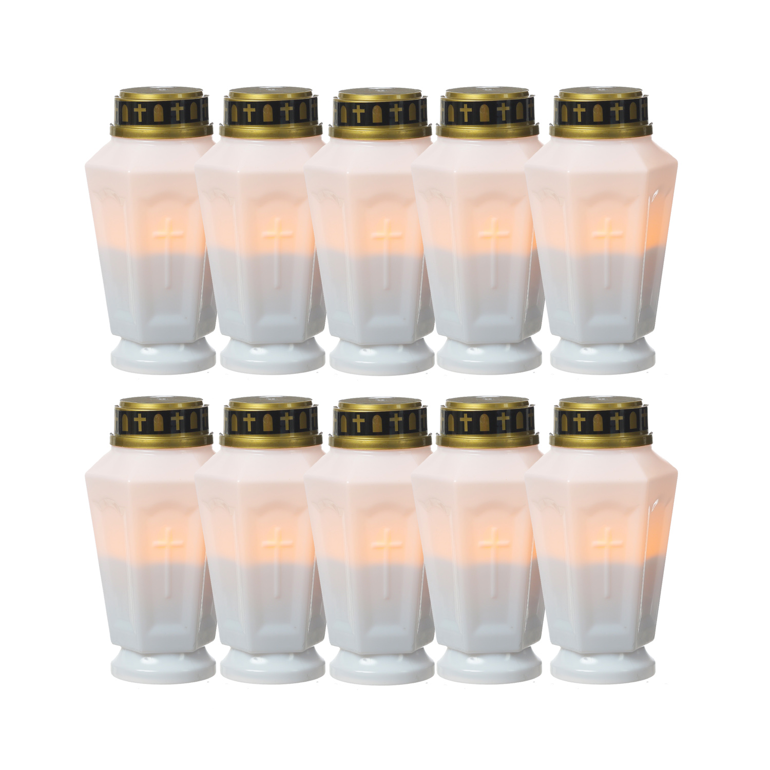 LED Grablicht - Grabkerze - orange flackernd - Timer- H: 15,5cm - für Außen - weiß - 10er Set