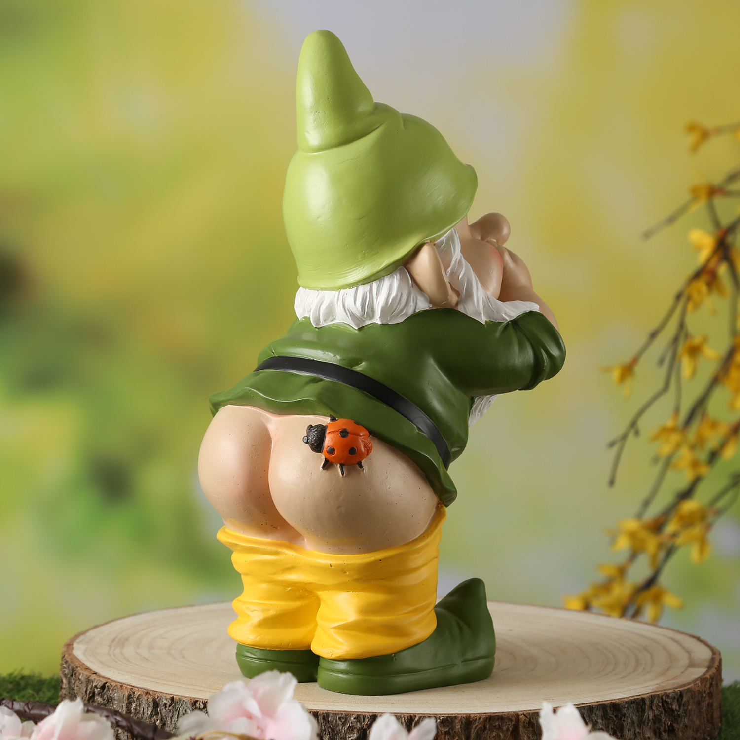 Gartenzwerg Hose Runter mit Marienkäfer - Frecher Zwerg mit nacktem Po  - Polyresin - H: 27cm