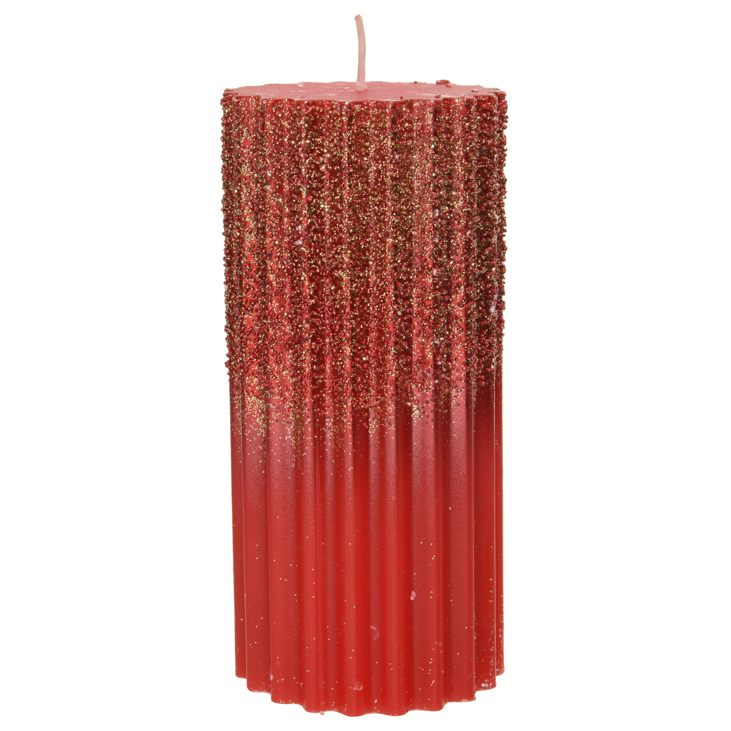 Stumpenkerze - Goldglitzer - geriffelt - H: 15cm - D: 7cm - rot