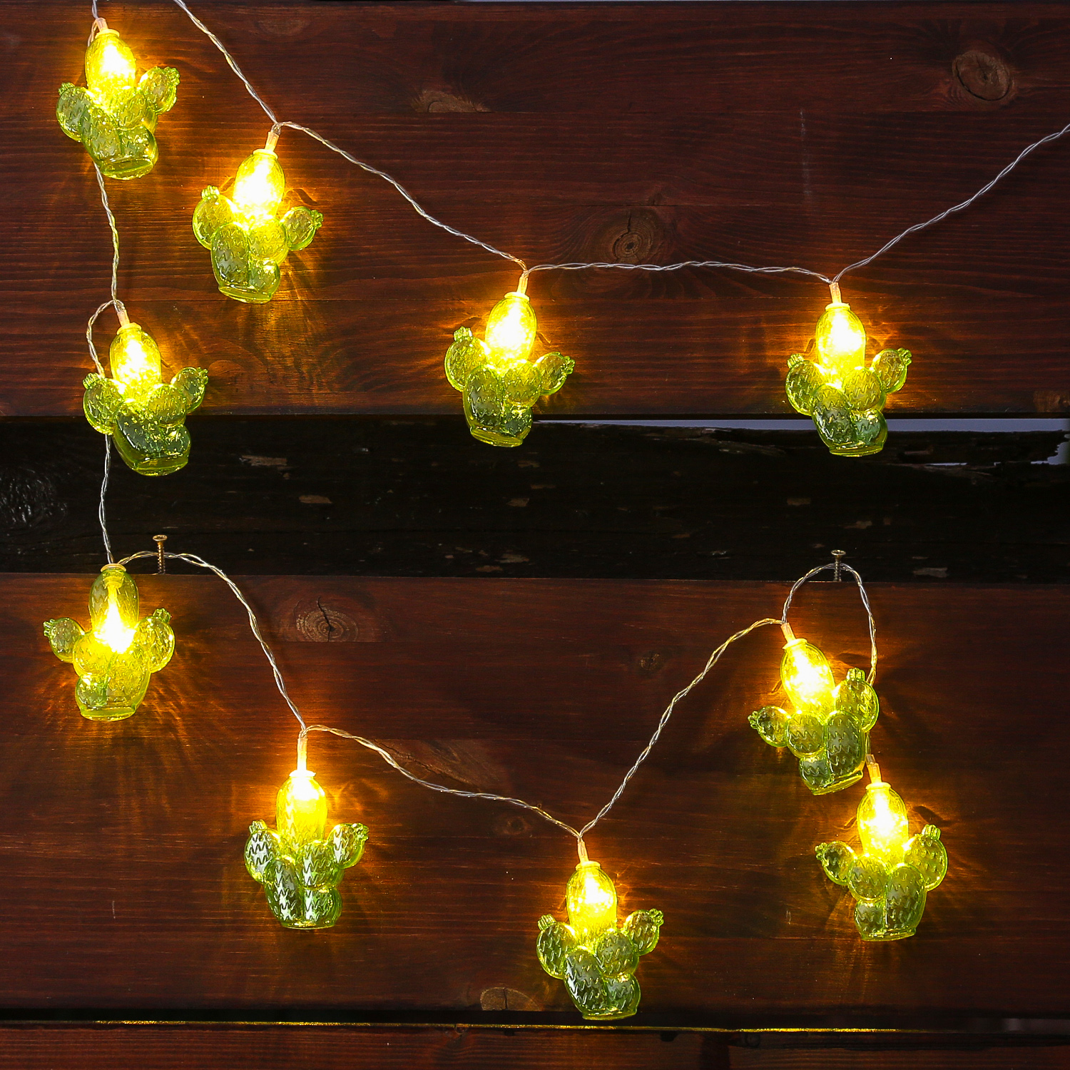 LED Lichterkette Kaktus - 10 warmweiße LED - Batteriebetrieb - L: 1,35m - grün
