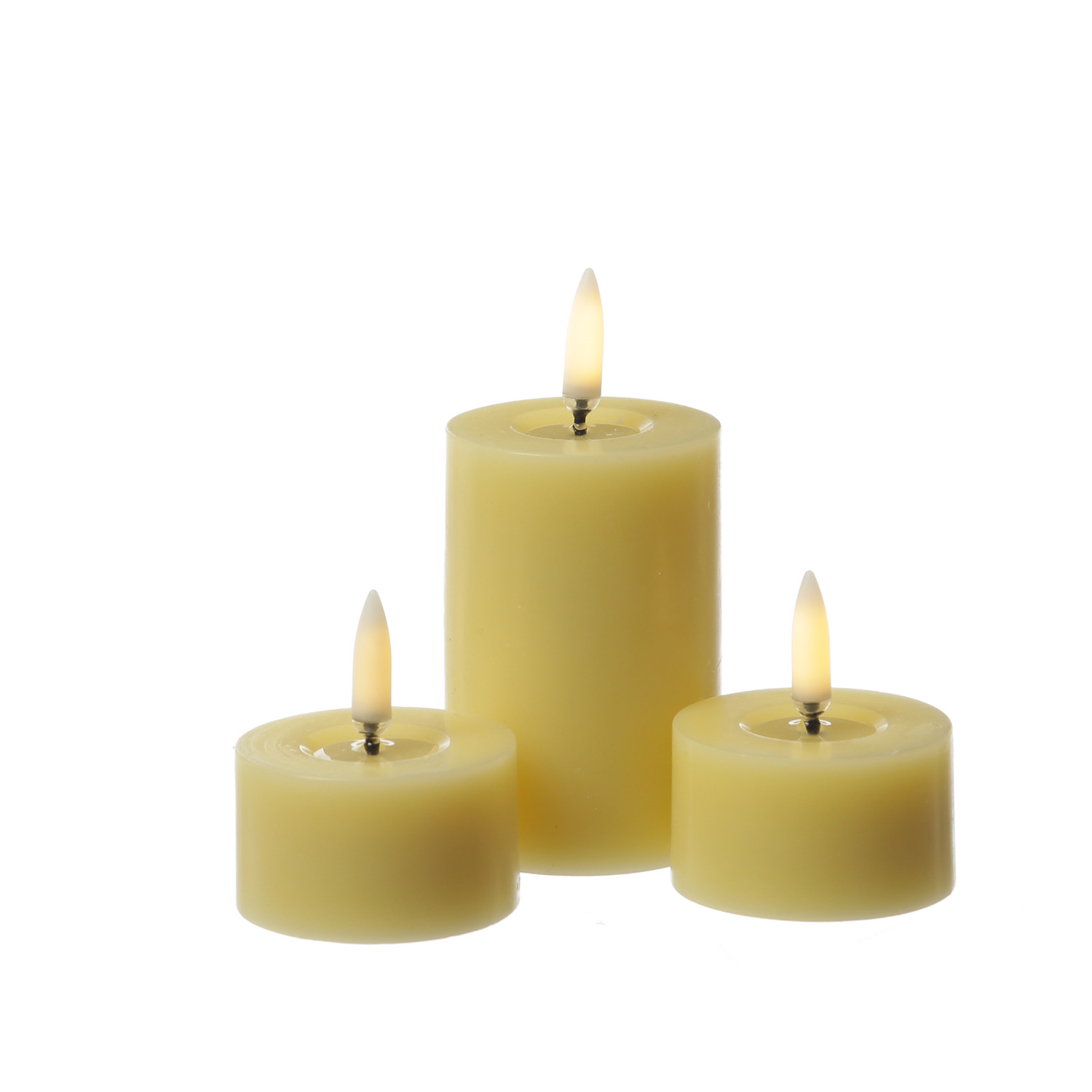 LED Mini Kerze THEA - Echtwachs - 3D Flamme mit Wachsspiegel - D: 5cm - H: 7,5cm - Timer - gelb
