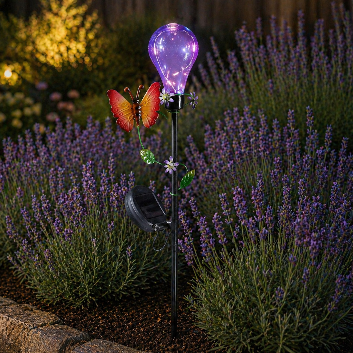 LED Solar Gartenstecker Glühbirne mit Schmetterling - 5 warmweiße LED - H: 84cm - Lichtsensor