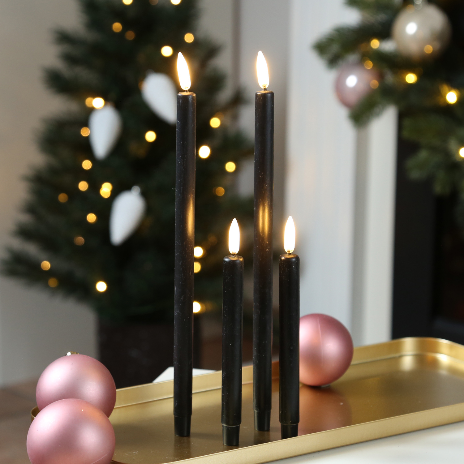 LED Stabkerzen THEA - dünne Tafelkerzen - Echtwachs - H: 25cm - D: 1,3cm - schwarz - 2 Stück