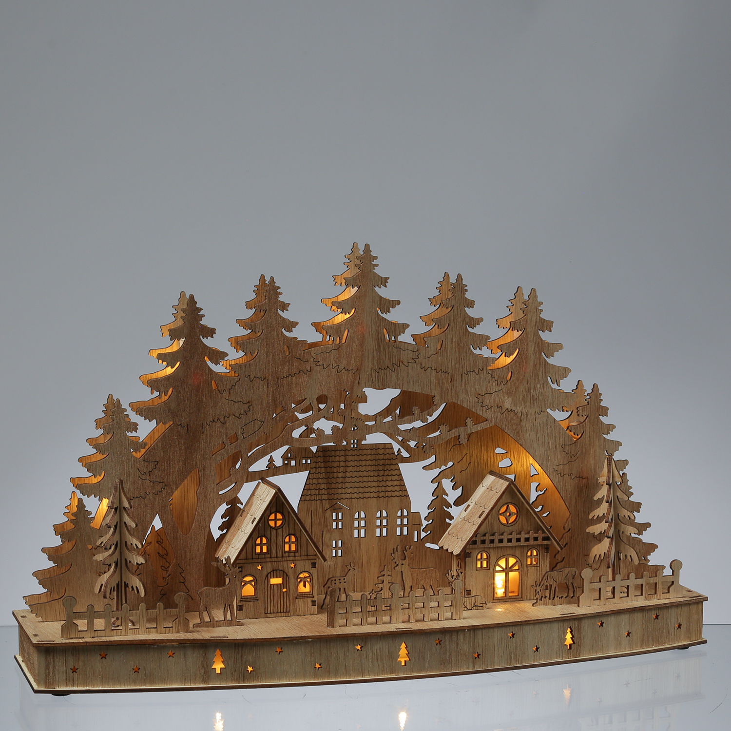 LED Schwibbogen Weihnachtsdorf - Holz - 10 warmweiße LED - H: 26,5cm - Timer - Batterie