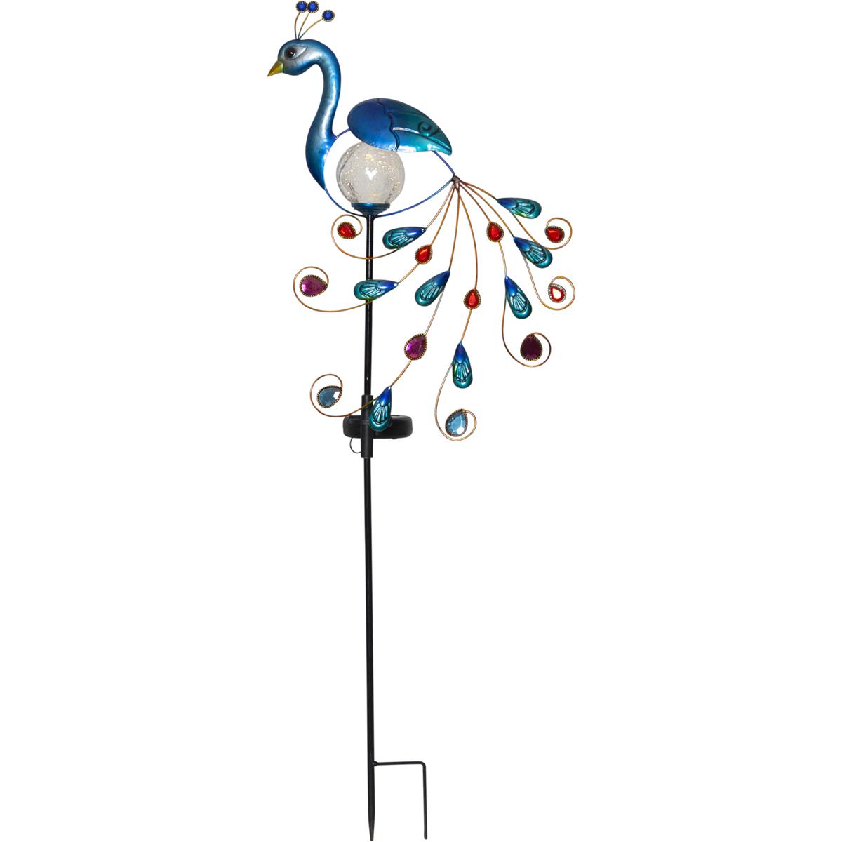 LED Solarstab "Pfau"- blau - warmweiße LED in Glaskugel - H: 80cm - Dämmerungssensor