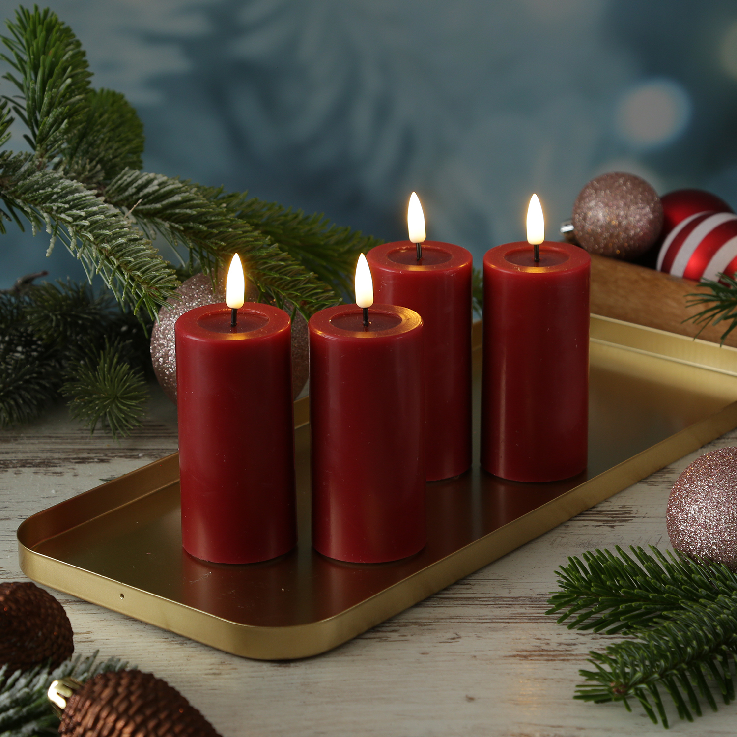 LED Kerzenset MIA - Echtwachs - H: 10cm/D: 5cm - mit Batterien/Fernbedienung - bordeauxrot - 4er Set