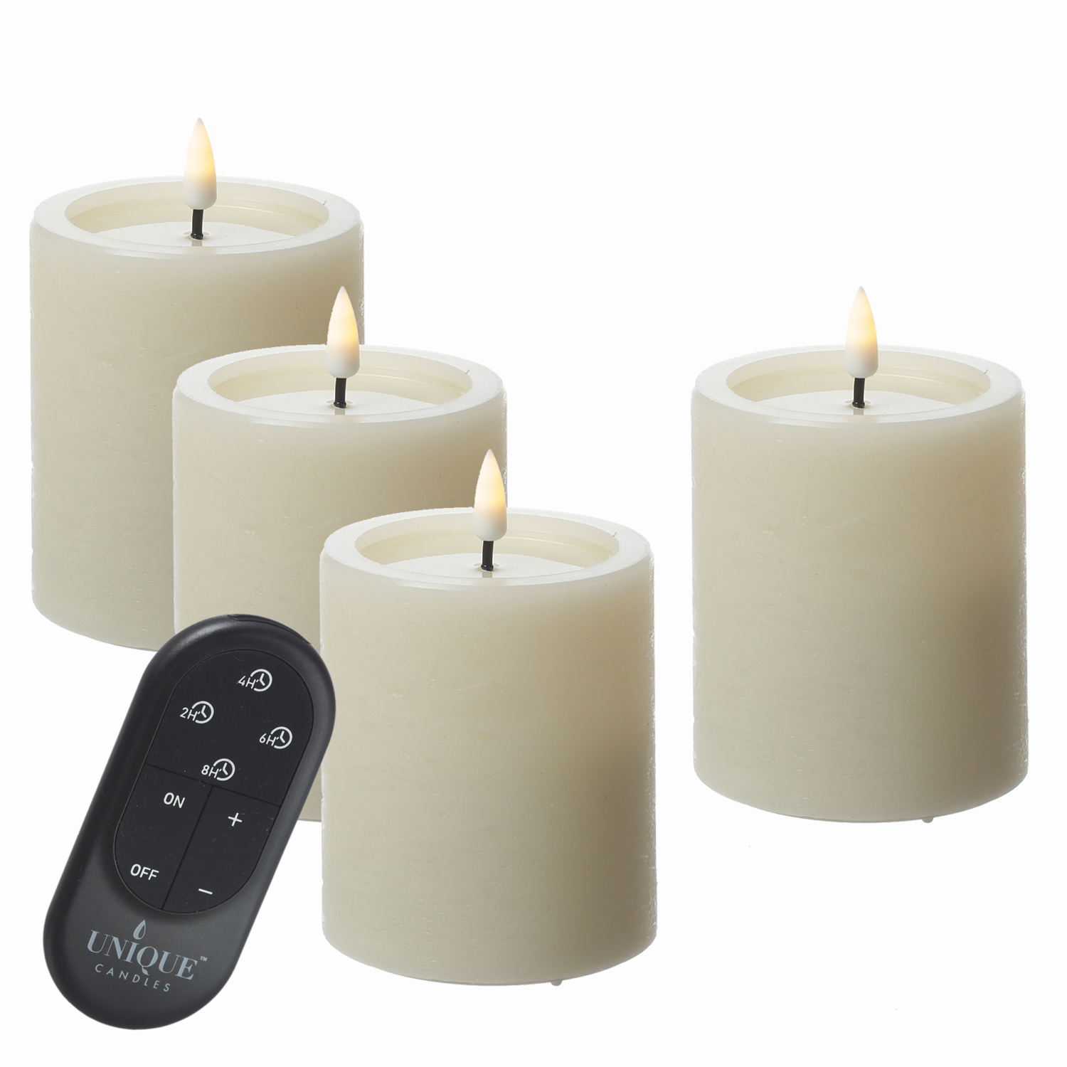 LED Kerzenset UNIQUE - Rustik-Optik - H: 10cm - mit Batterien und Fernbedienung - creme - 4er Set
