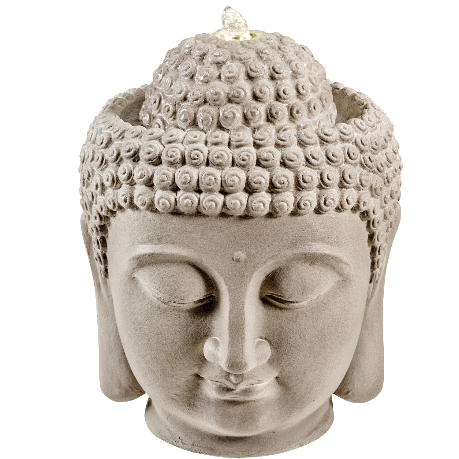 LED Brunnen Buddhakopf - Gartenbrunnen - GRC Beton - 6 warmweiße LED - H: 40cm - Außen - grau