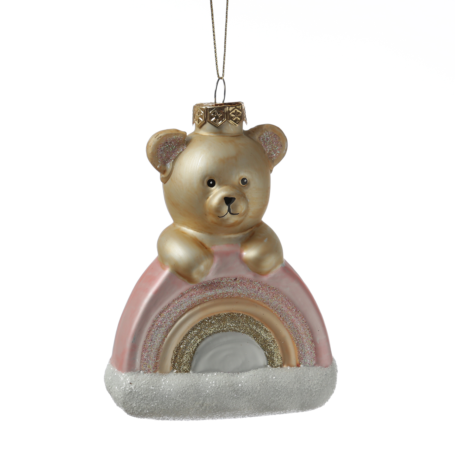 Weihnachtsbaumschmuck Teddybär mit Regenbogen - Christbaumschmuck - Glas - H: 13,5cm - rosa
