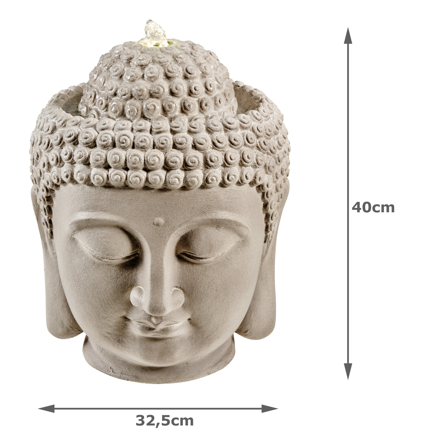 LED Brunnen Buddhakopf - Gartenbrunnen - GRC Beton - 6 warmweiße LED - H: 40cm - Außen - grau