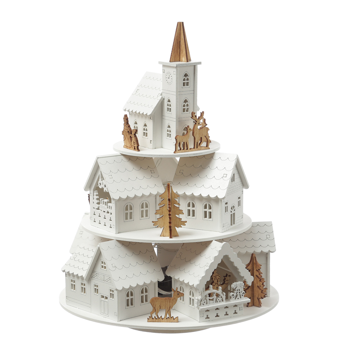 LED Weihnachtsdorf mit Musik - beleuchtete Winterlandschaft - Spieluhr - H: 29cm - Timer - weiß