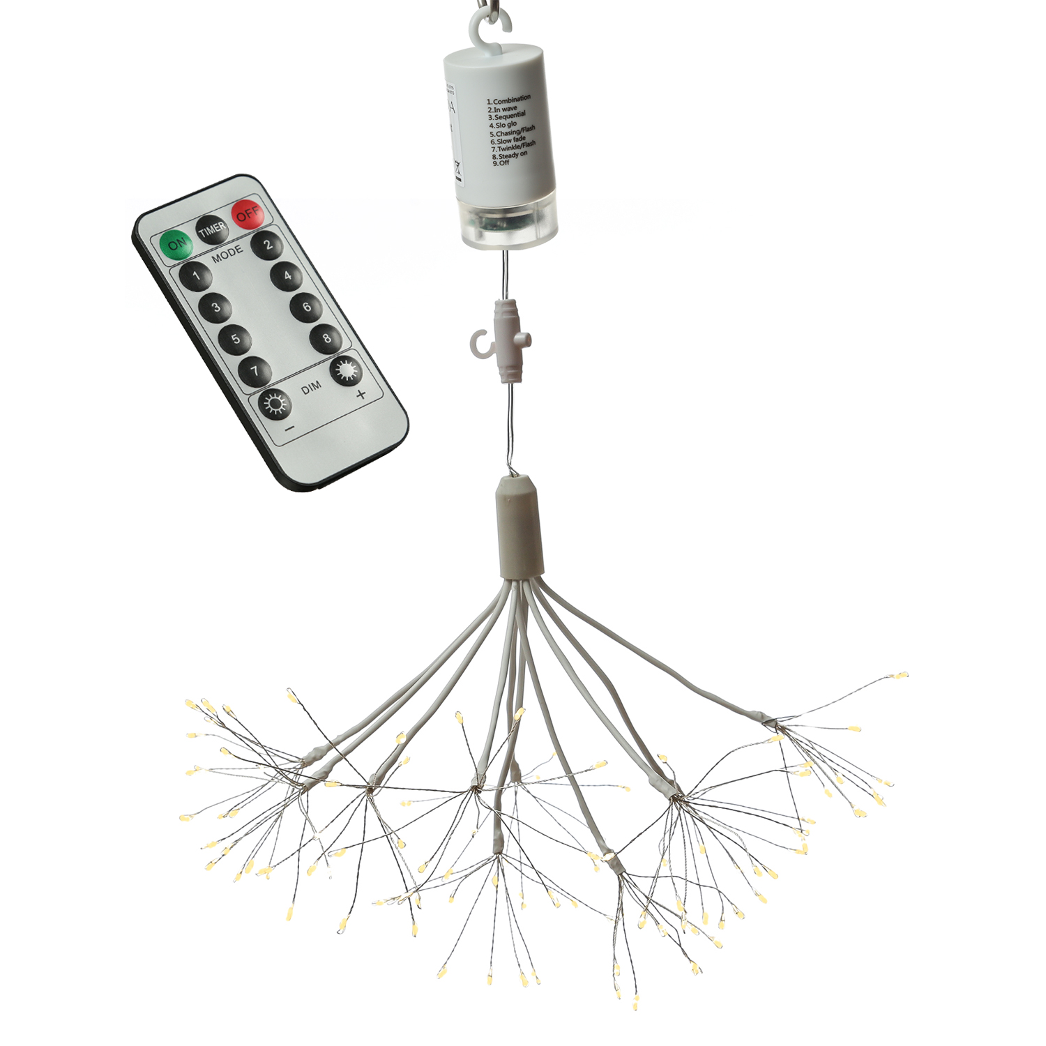 LED Feuewerk Leuchte - weißer Polarstern - Pusteblume - hängend - 80LED - 8 Funkt. - Batterie