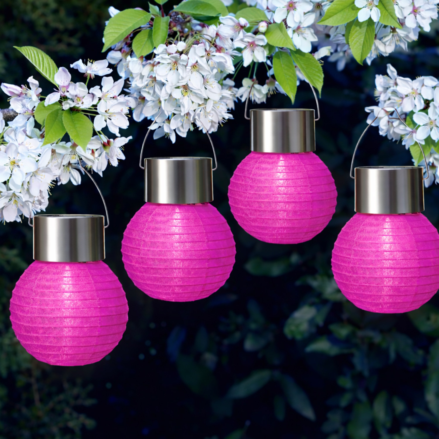 LED Solar Mini Lampions - kaltweiße LED - H: 9,5cm - D: 7cm - Lichtsensor - pink - 4er Set