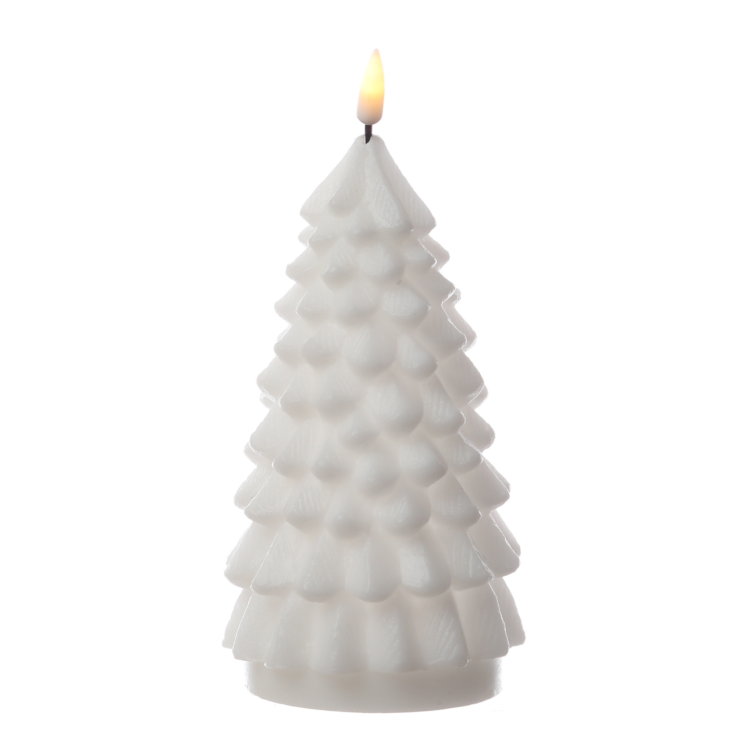 LED Kerze Tannenbaum - Echtwachs - flackernde 3D Flamme - H: 18cm - D: 10cm - weiß