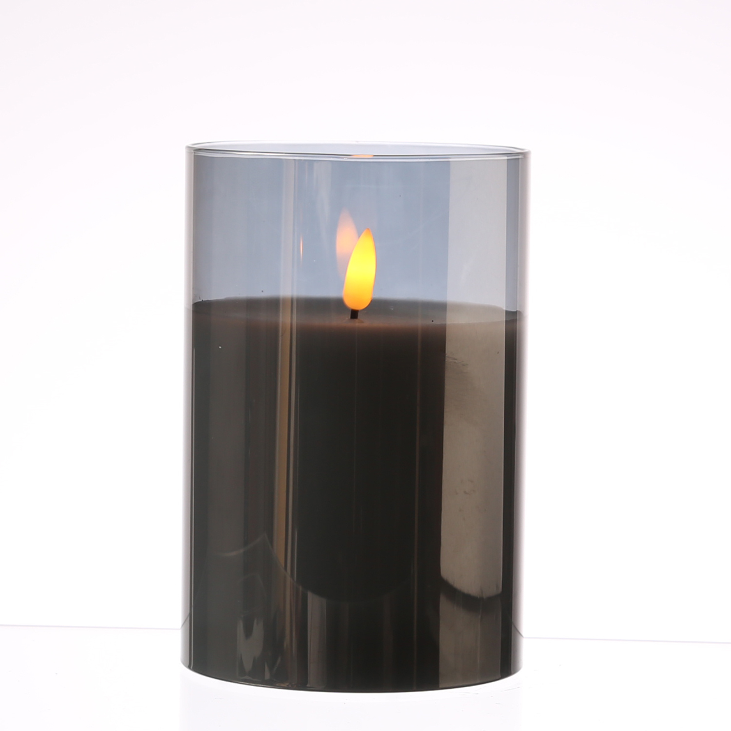 LED Kerze im Glas - Windlicht - Echtwachs - flackernde 3D Flamme - Timer - H: 15cm - rauchgrau