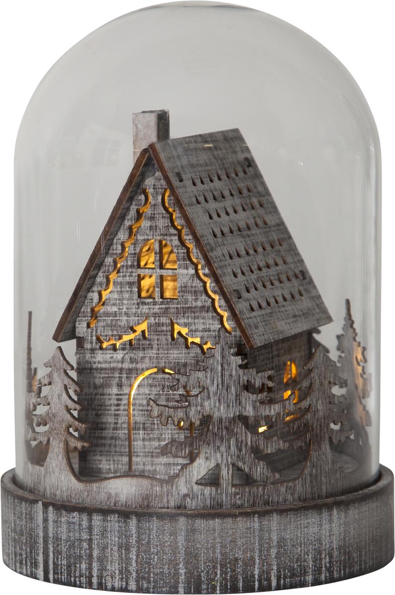 LED Holzdeko im Glas "Knusperhaus" - 1 warmweiße LED - Timer - Batteriebetrieb - H: 17,5cm - braun