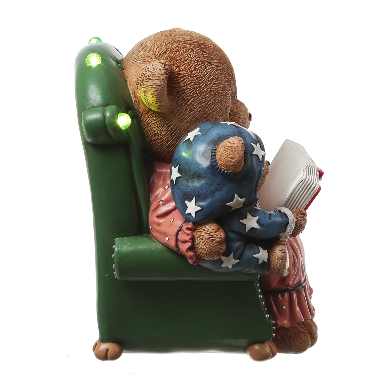 LED Bär mit Teddybär im Sessel mit Buch - Dekofigur - Polyresin - H: 22cm - Batterie - Timer