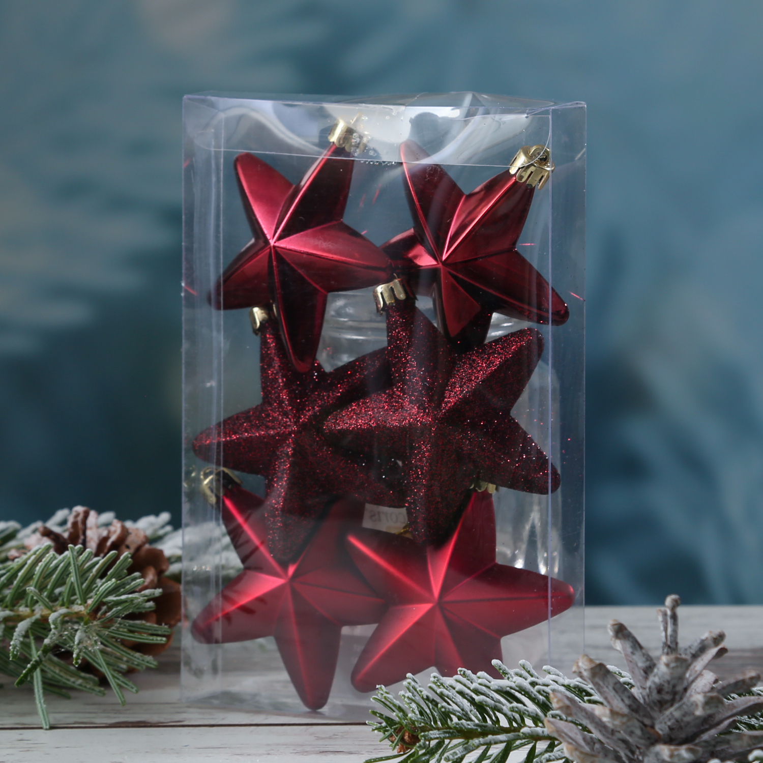 Christbaumschmuck STERN - Weihnachtsschmuck - bruchfest - glänzend matt glitzernd - weinrot - 6Stk.