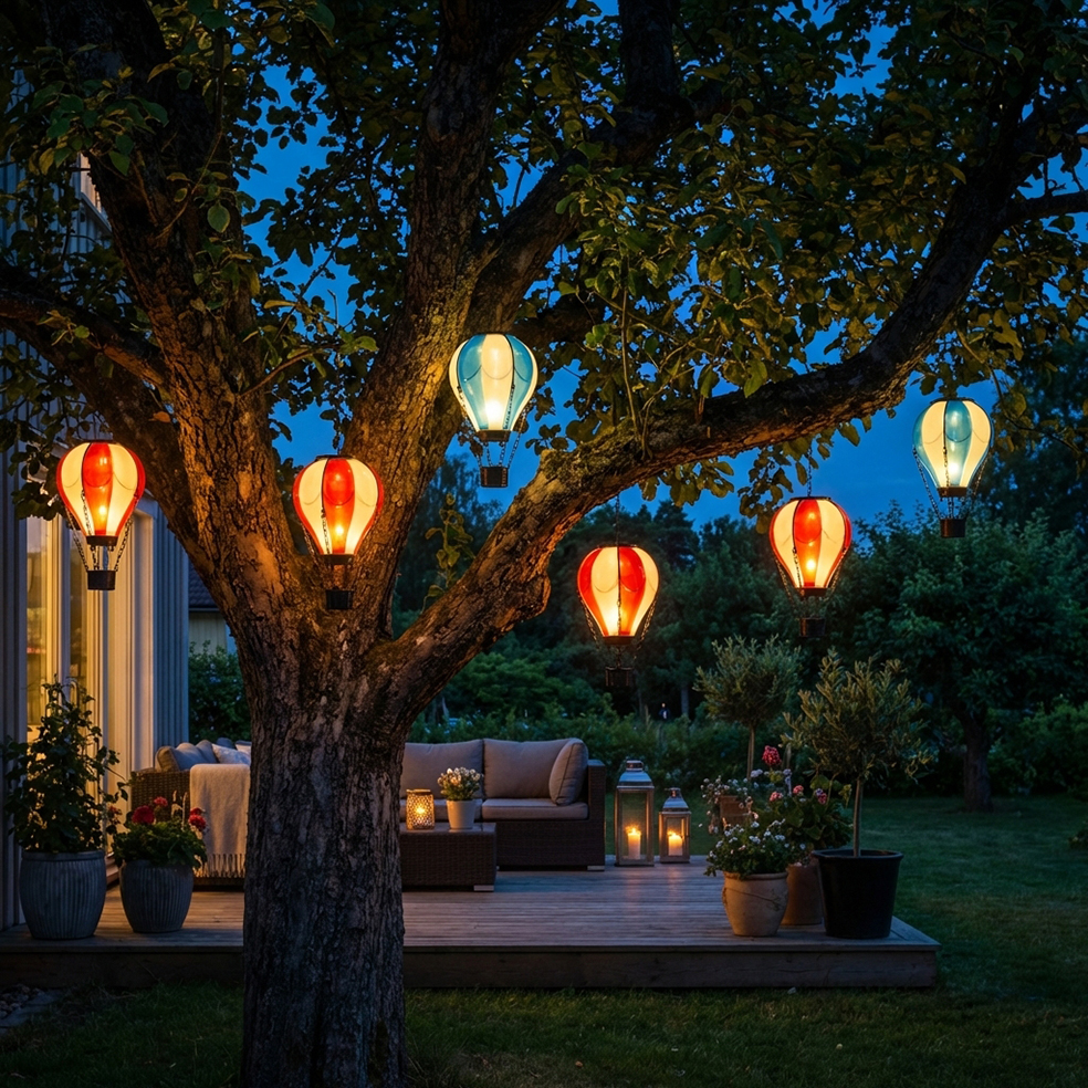 LED Solar Ballon - Heißluftballon mit Flammeneffekt - hängend - H: 25cm - Lichtsensor