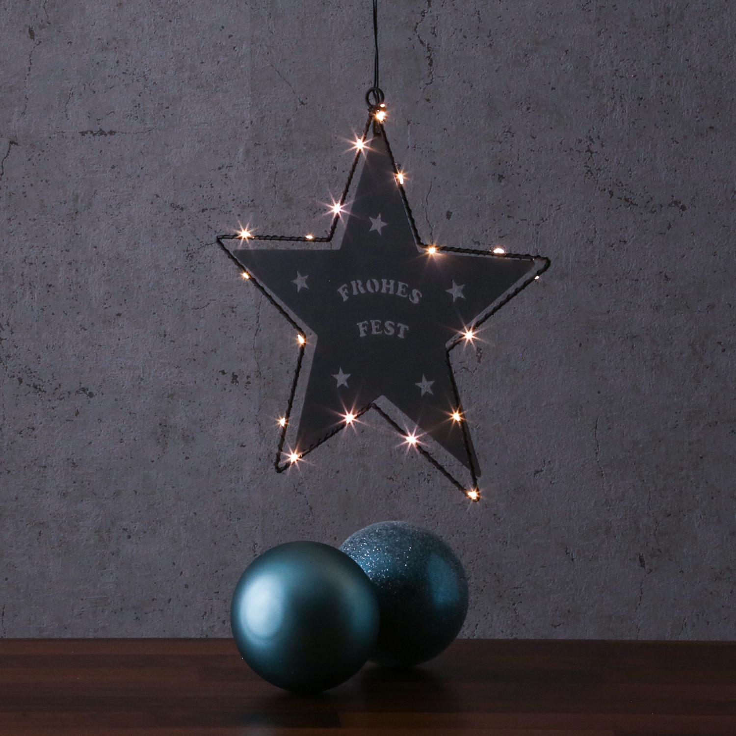LED Hängestern FROHES FEST - Metallstern - 5-zackig - D- 27cm - 20 LED - Batteriebetrieb - schwarz