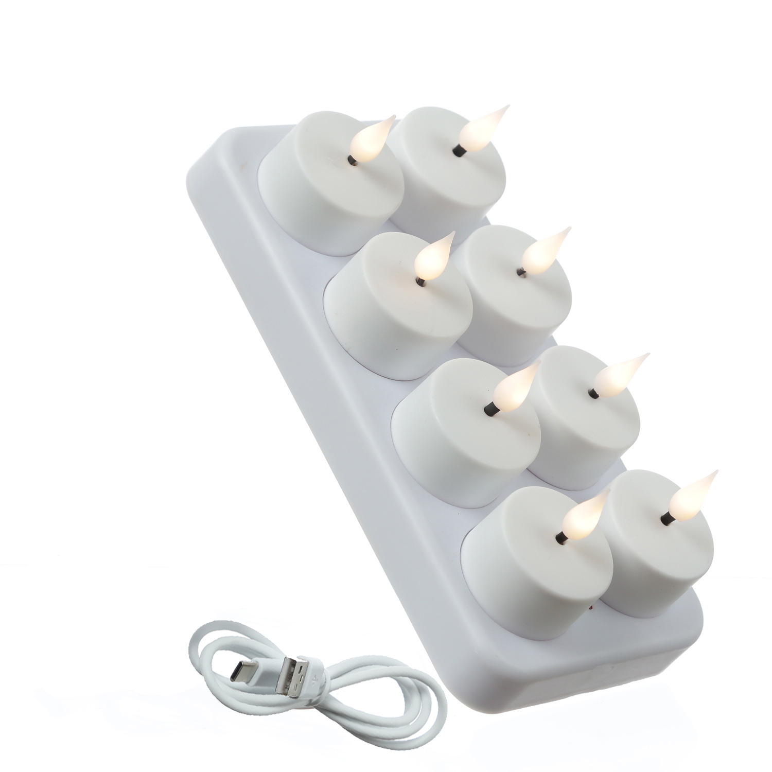 LED Teelichter - 8 wiederaufladbare LED Teelichter mit Ladestation - D: 4cm - flackernd - weiß