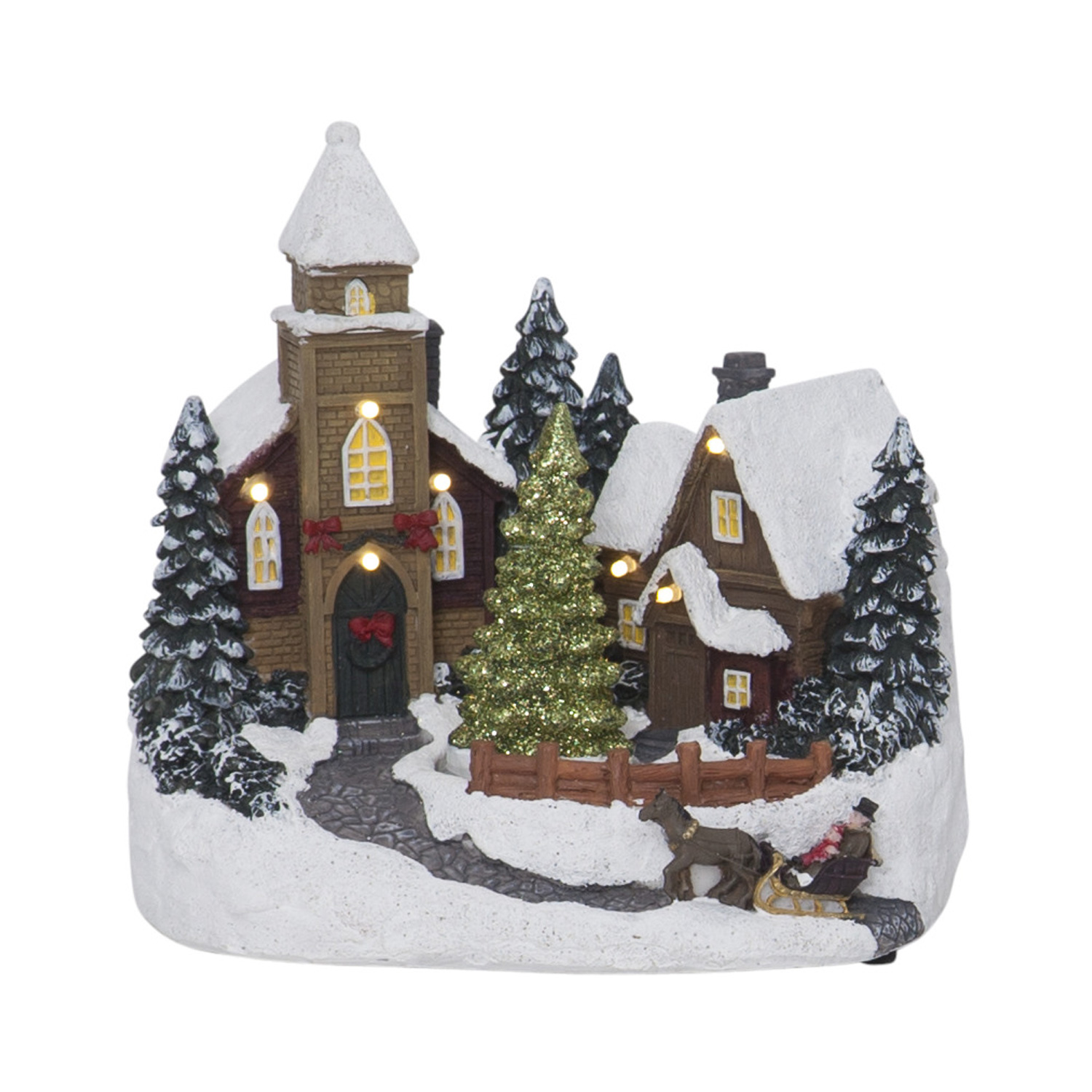 LED-Kirche "Churchville" - 7 warmweiße LED - H: 18cm - weihnachtliche Dorfszene mit Drehbaum - bunt
