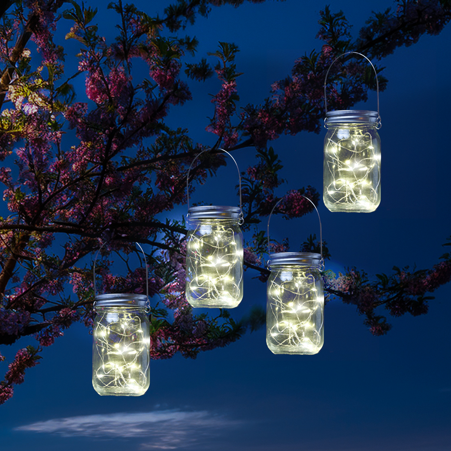 LED Solar Gläser - Windlichter mit Drahtlichterkette - Lichtsensor - H: 13cm - transparent - 2 Stück