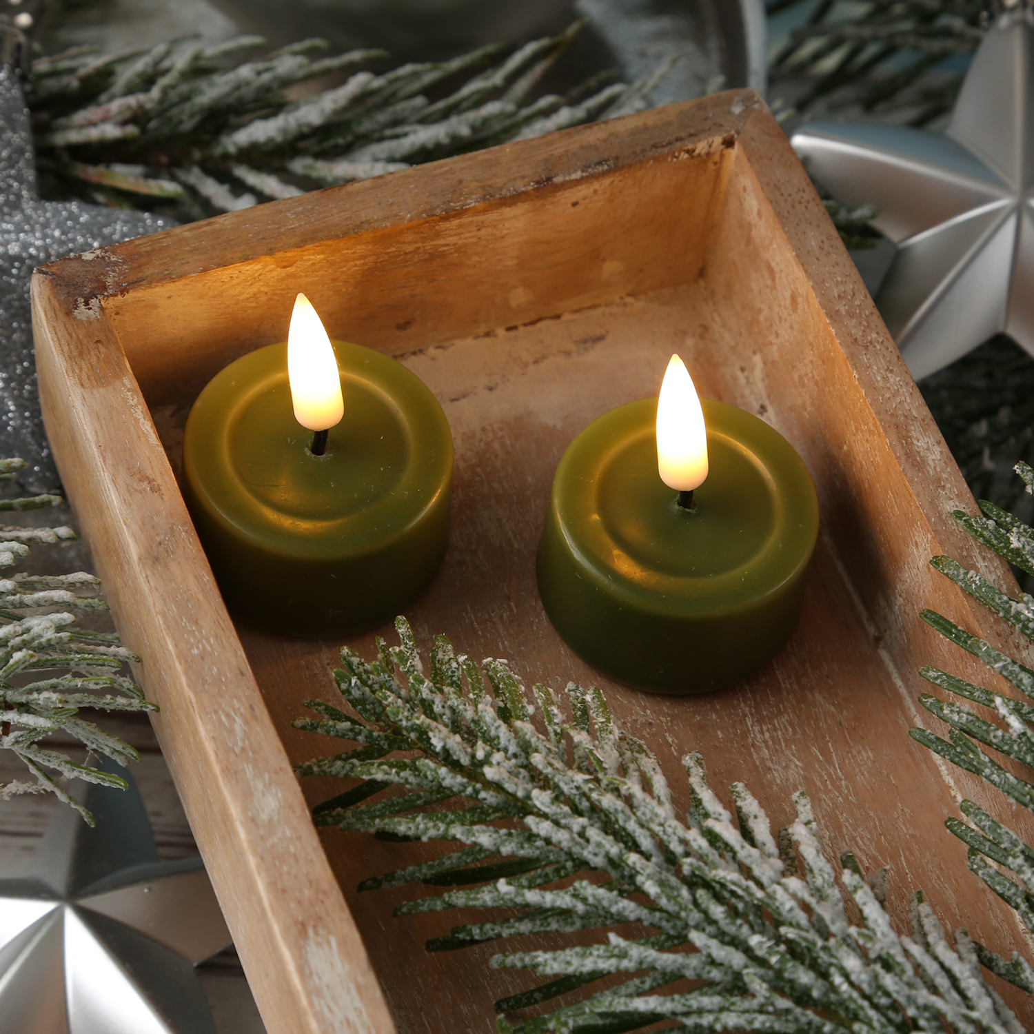 LED Teelichter MIA - realistische 3D Flamme - D: 4,1cm - inkl. Batterien - olivgrün - 2 Stück