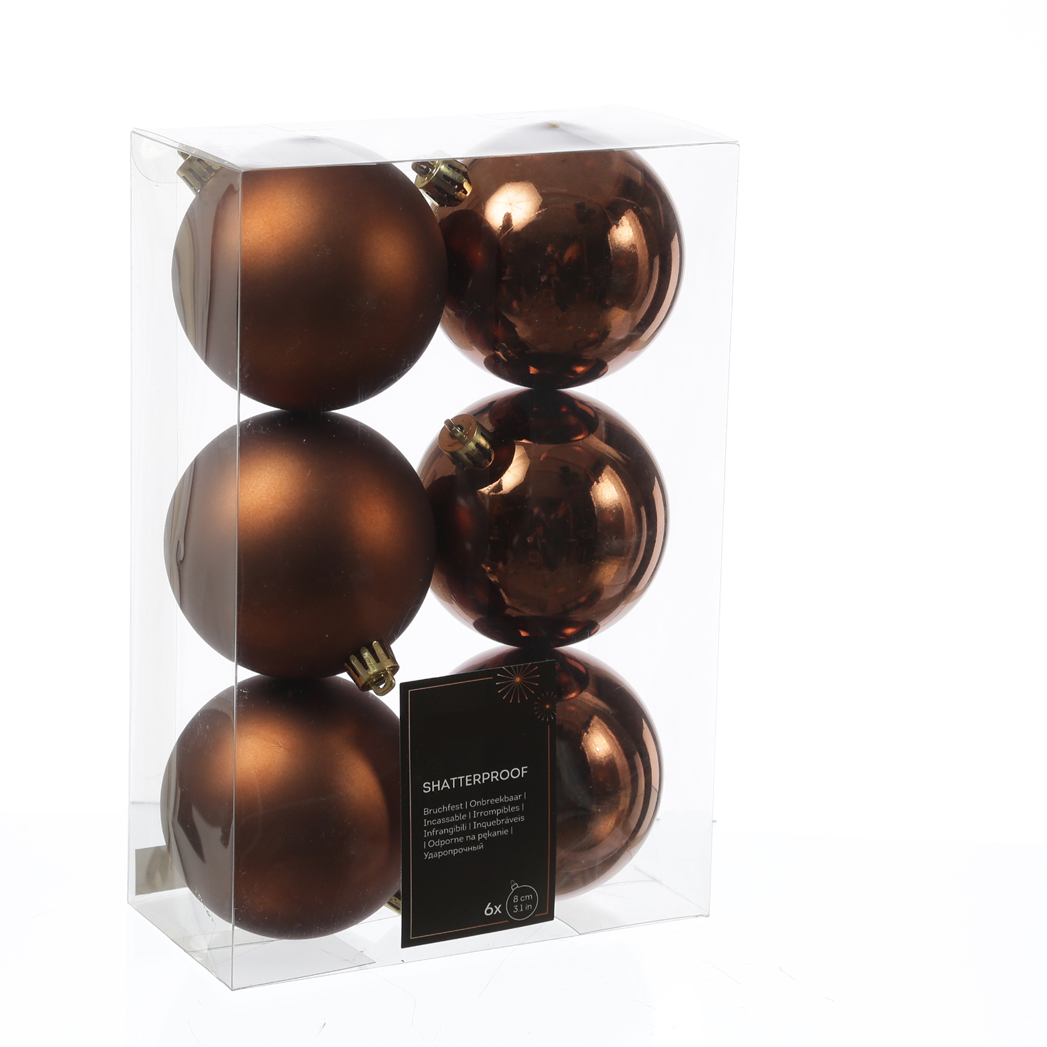 Christbaumkugeln - Weihnachtsbaumkugeln - bruchfest - D: 8cm - glänzend/matt - braun - 6er Set