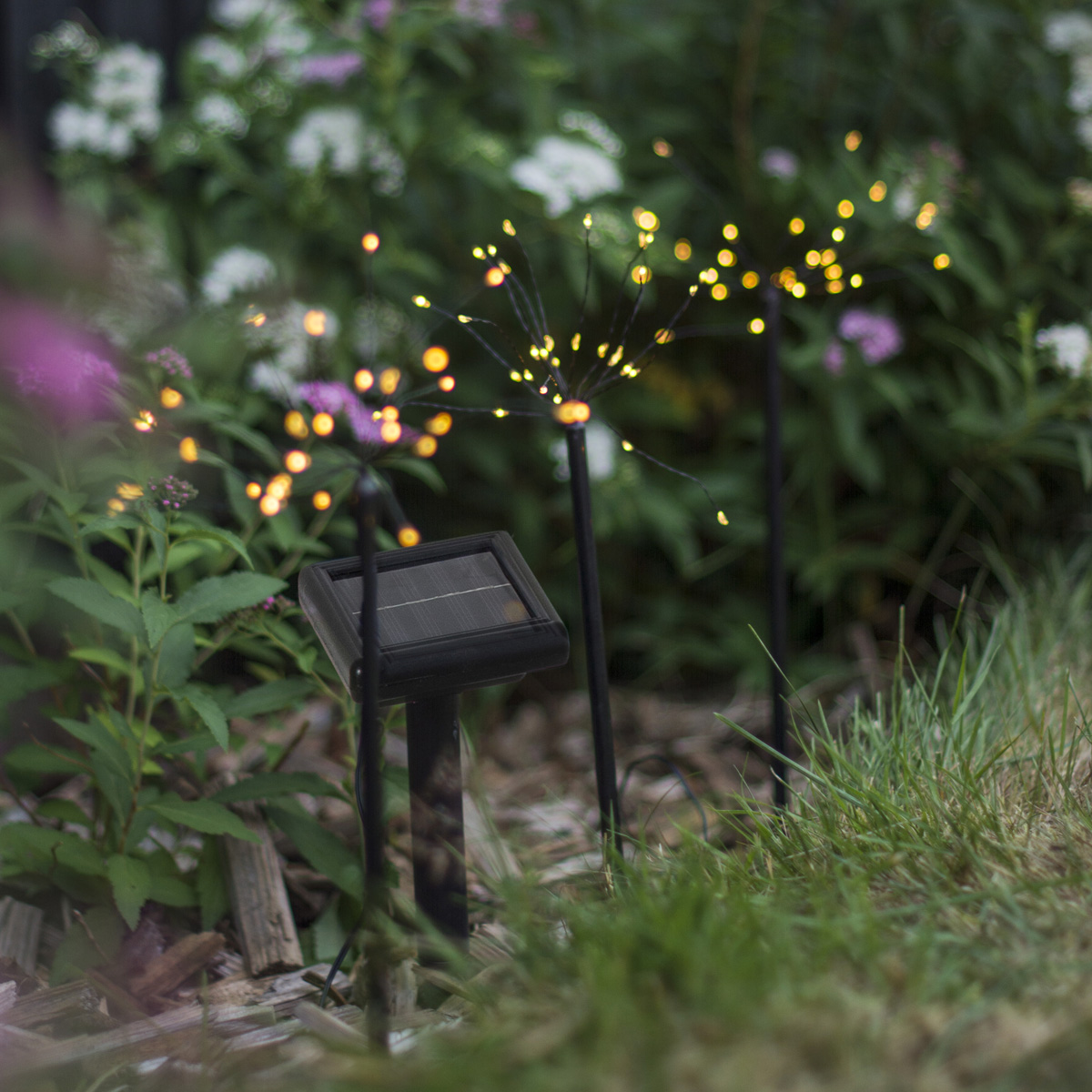 LED Solar "Feuerwerk" - 3 schwarze Spieße mit je 30 warmweißen LED - H: 40cm - Dämerungssensor