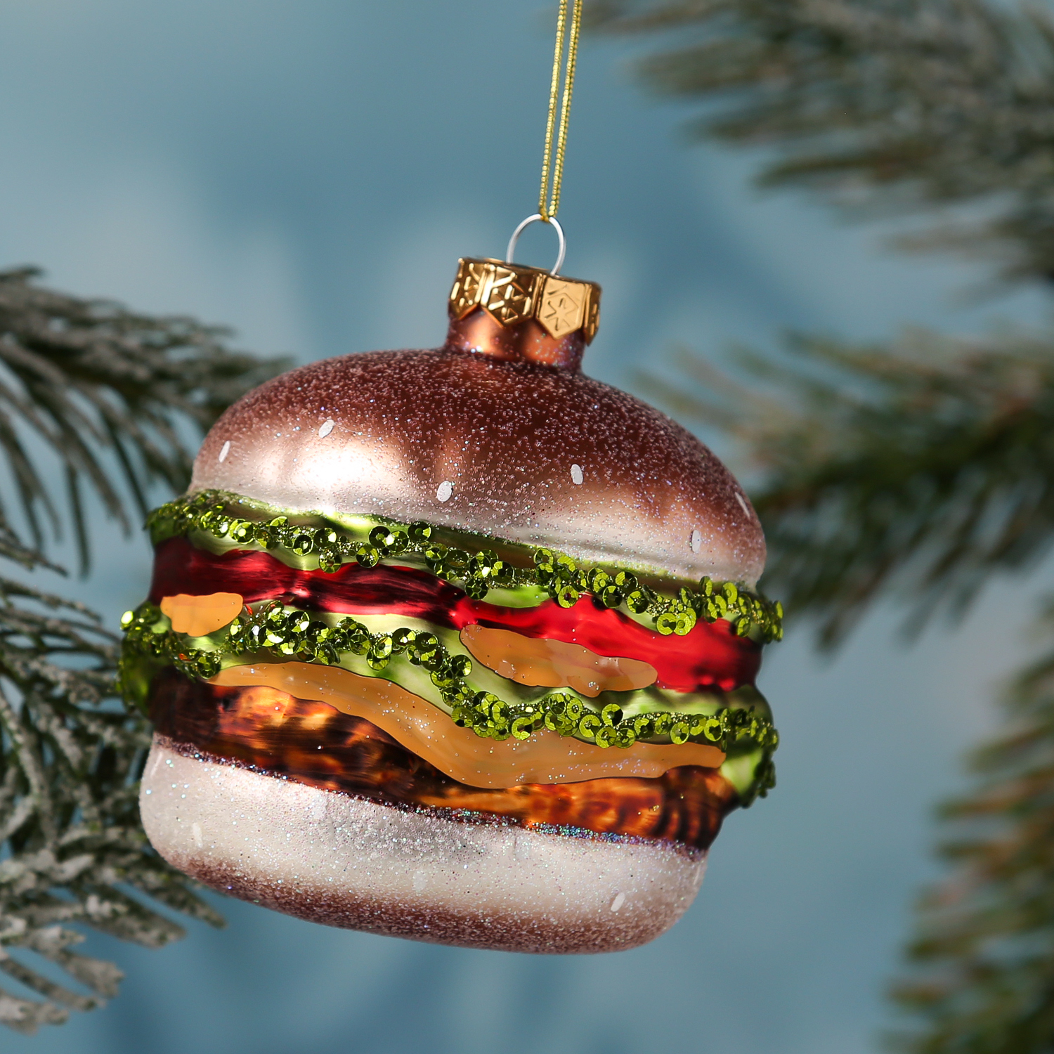 Weihnachtsbaumschmuck HAMBURGER - Glas - inkl. Aufhänger - glitzernd - H: 10,3cm - bunt