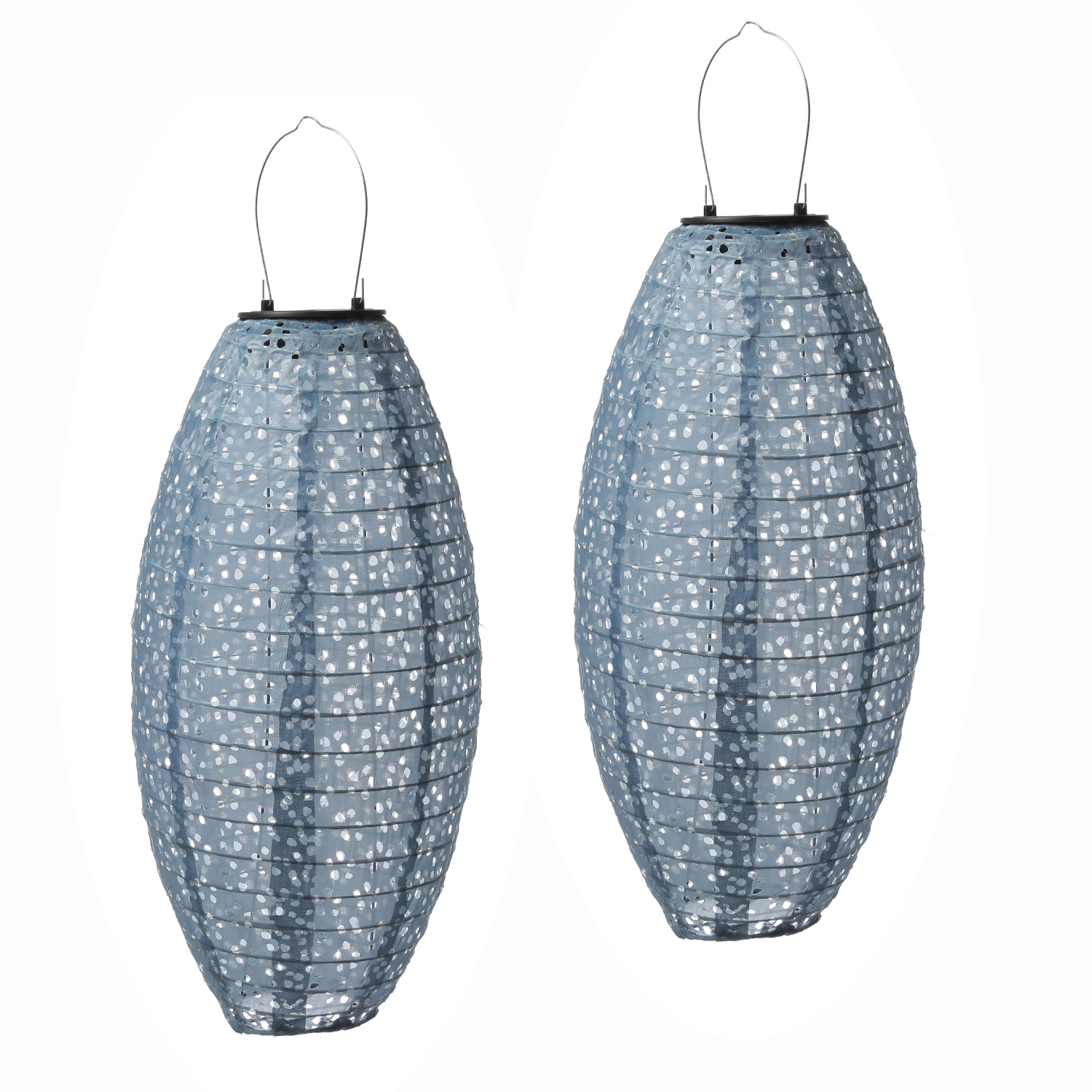 LED Solar Lampions oval - mit Blumenmuster - warmweiß - H: 40cm - Lichtsensor - blau - 2 Stück